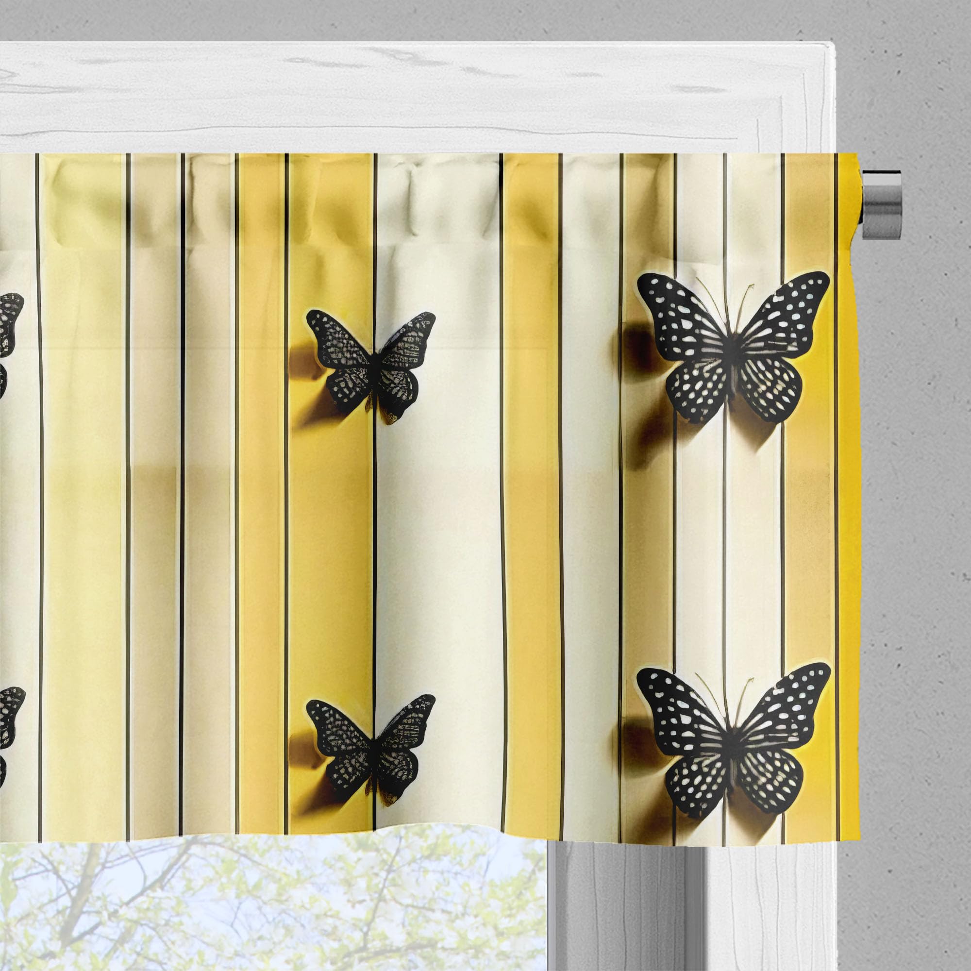 Ambesonne Butterfly Window Valance Pack Of 2, Summer Tone Lines Wingy Animals With Faded Effect Print Country Vibe, Rod Pocket Curtain Valances Kitchen Bedroom, 54' X 18',Yellow Reseda Green Beige