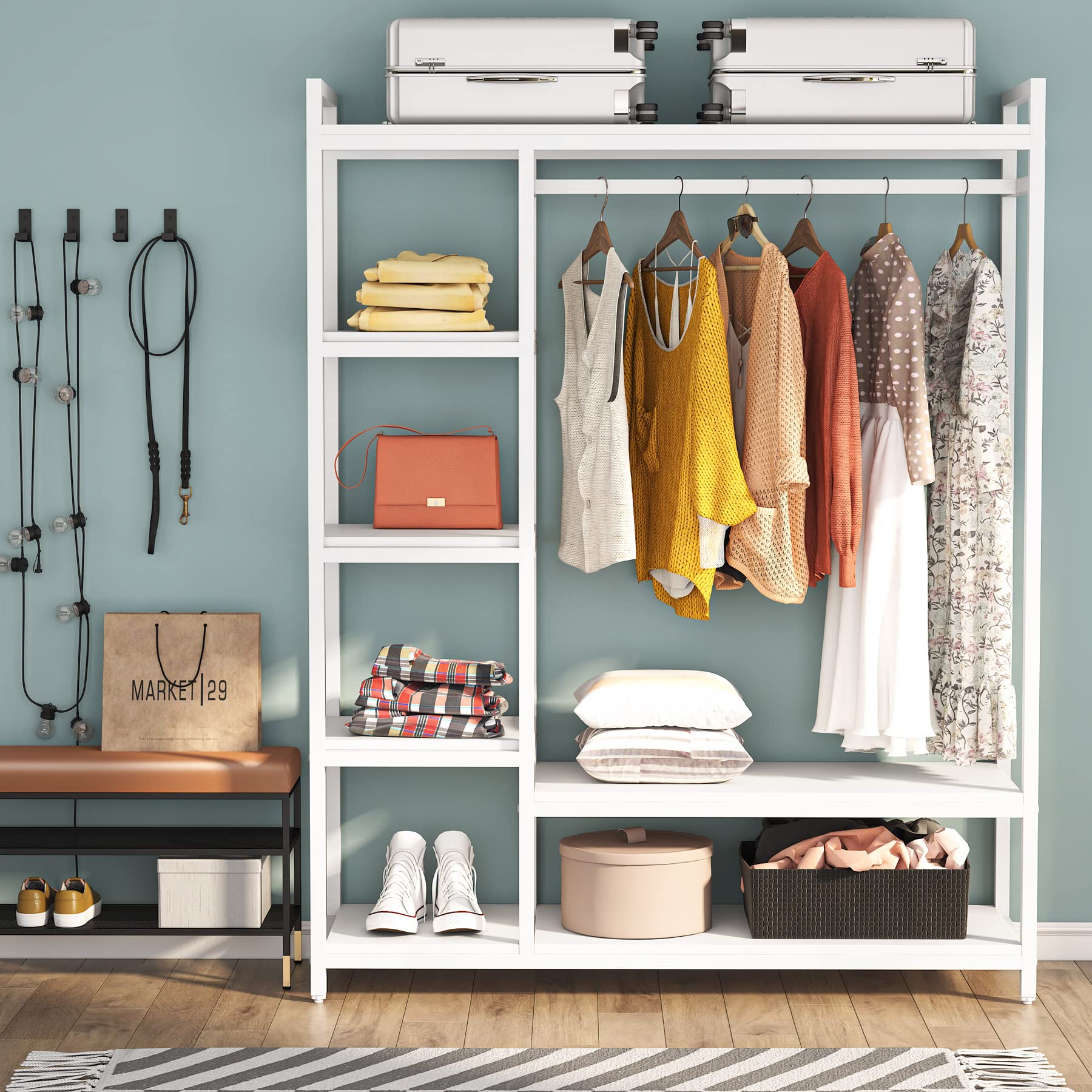 LITTLE TREE Free-standing Closet Organizer, Heavy Duty Clothes Closet, Portable Garment Rack with 6-tier Shelves and Hanging rod