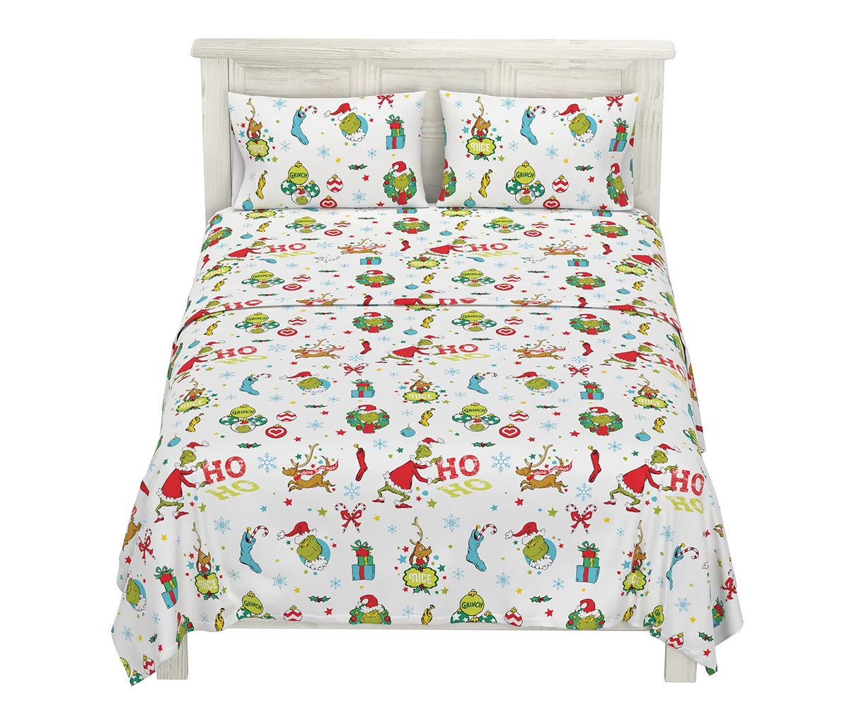 Franco Grinch By Dr. Seuss Holiday & Christmas Bedding Super Soft 100% Cotton Flannel Sheet Set, 4 Pcs, Full, (Official Dr. Seus