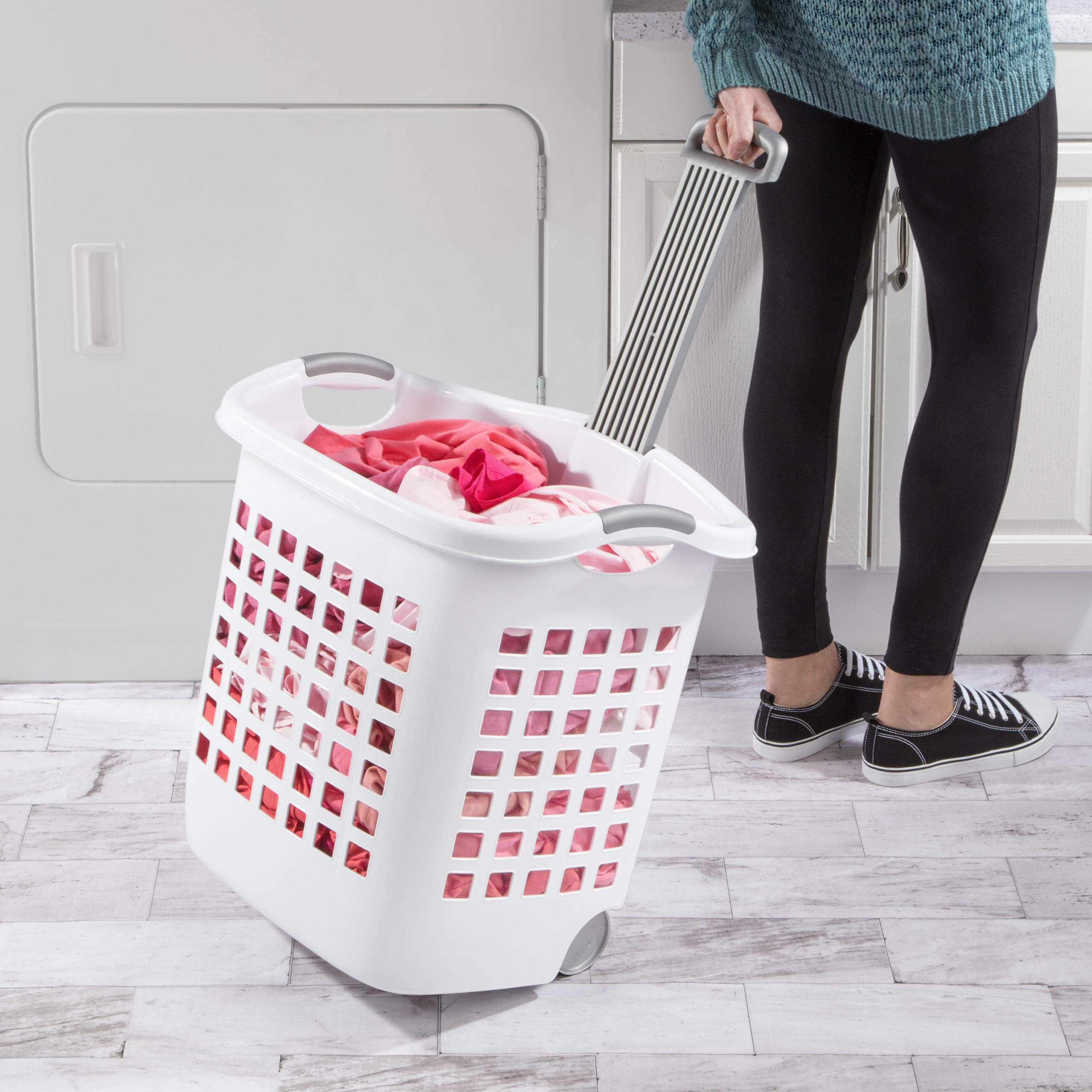 Sterilite 1.75 Bushel Ultra Wheeled Laundry Basket, Handle and Wheels for Easy Rolling of Clothes to and from the Laundry Room, 