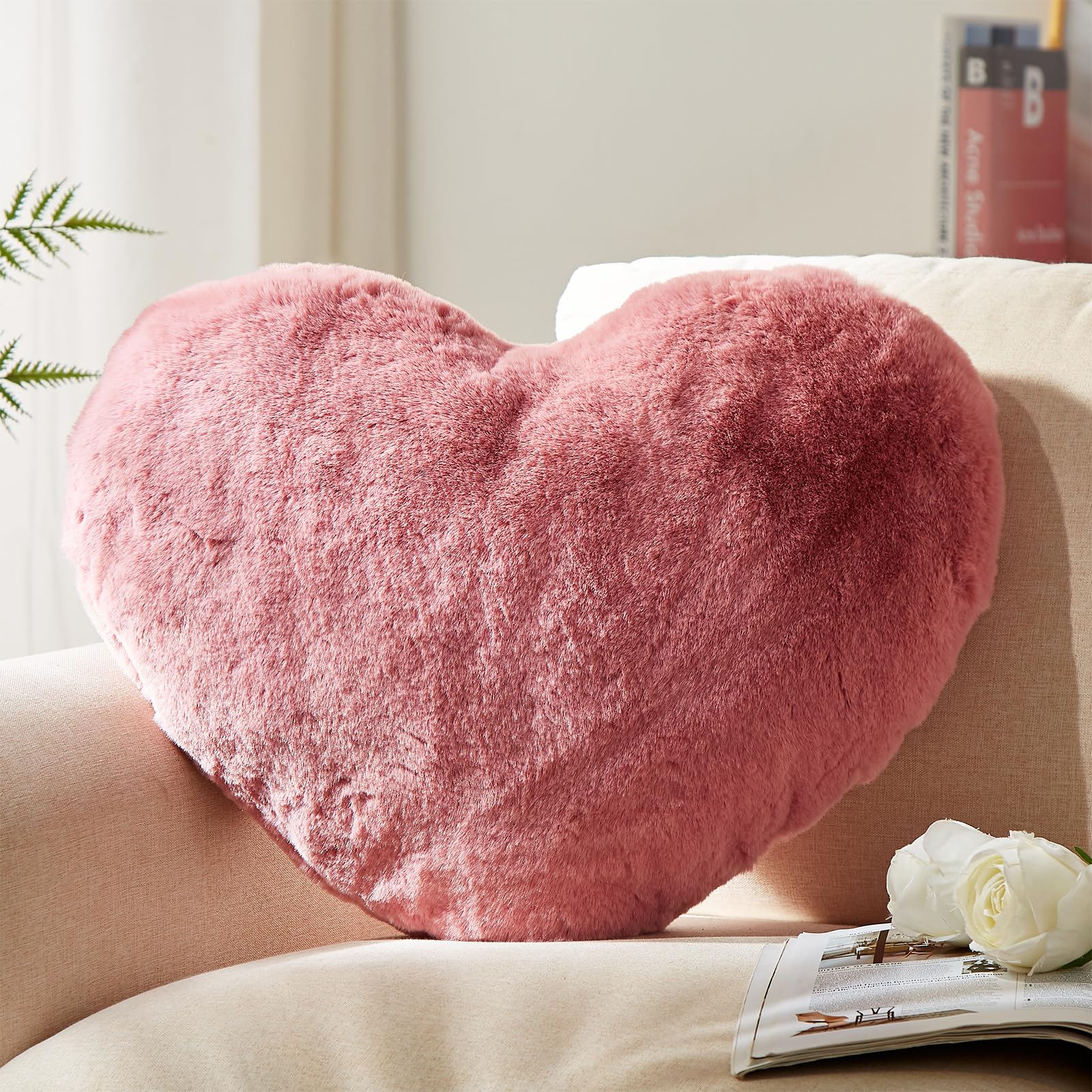 YRXRUS Heart Pillow, Rose Heart Pillows, Love Pillow Gifts, 14X17 Inch Large Heart Shaped Pillows, Faux Rabbit Fur Coquette Room