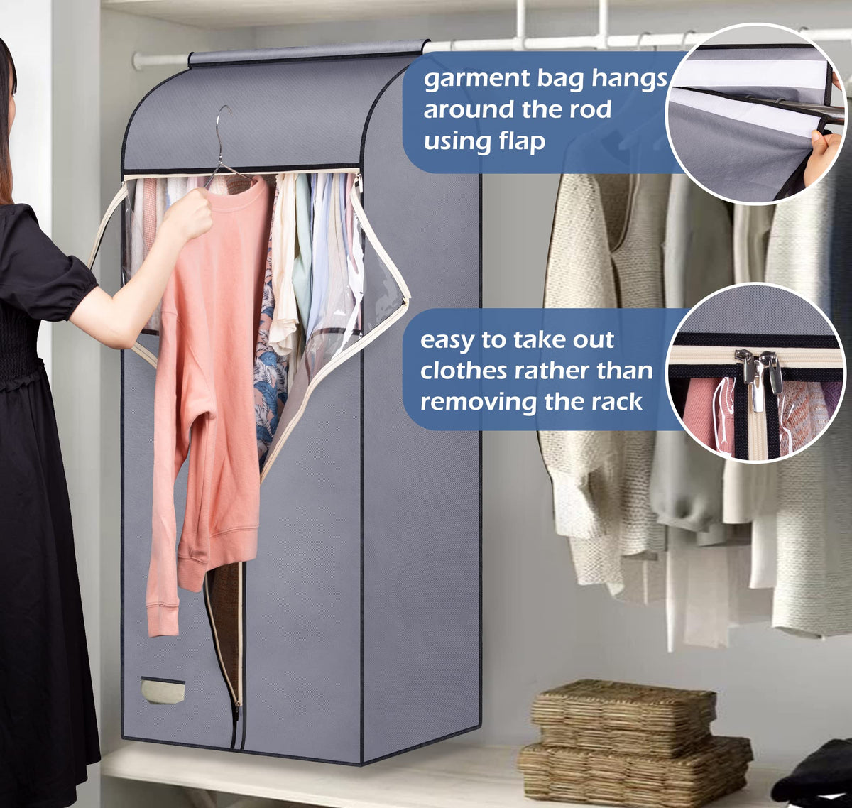 Sleeping Lamb 60'' Hanging Garment Bags For Closet Storage Sealed Completely Jackets Coats Suits Clothes Rack Cover For Wardrobe