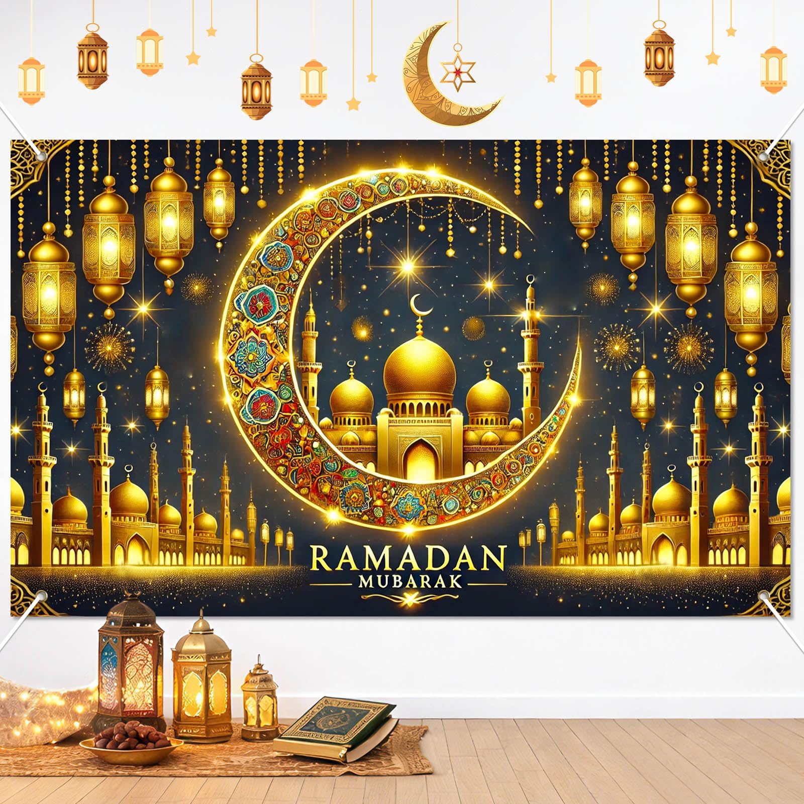 BlissYard Ramadan Mubarak Banner Backdrop 71x43Inch Islamic Banner for Ramadan Decorations and Eid Mubarak Celebration Photo Bac