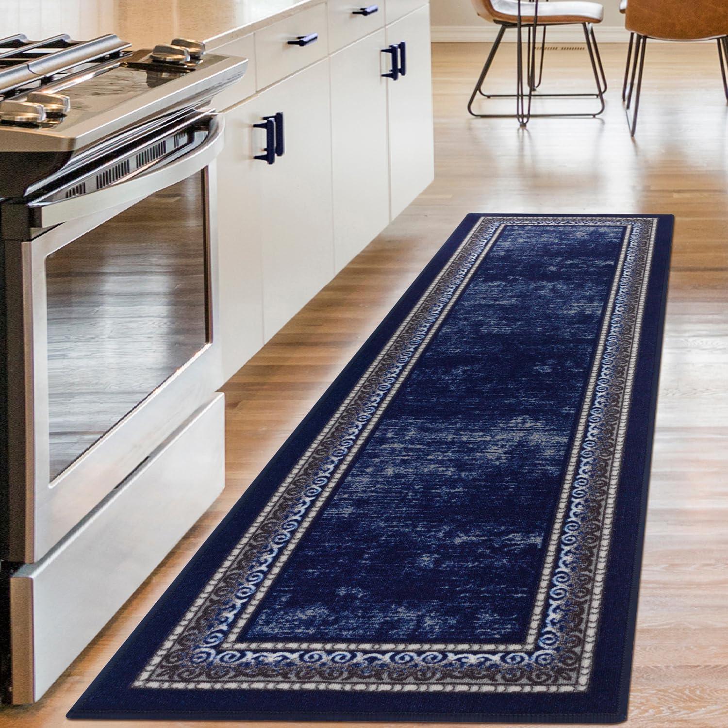 Antep Rugs Alfombras Bordered Modern 2x10 Non-Slip (Non-Skid) Low Pile Rubber Backing Indoor Area Runner Rug (Navy, 2 x 10)