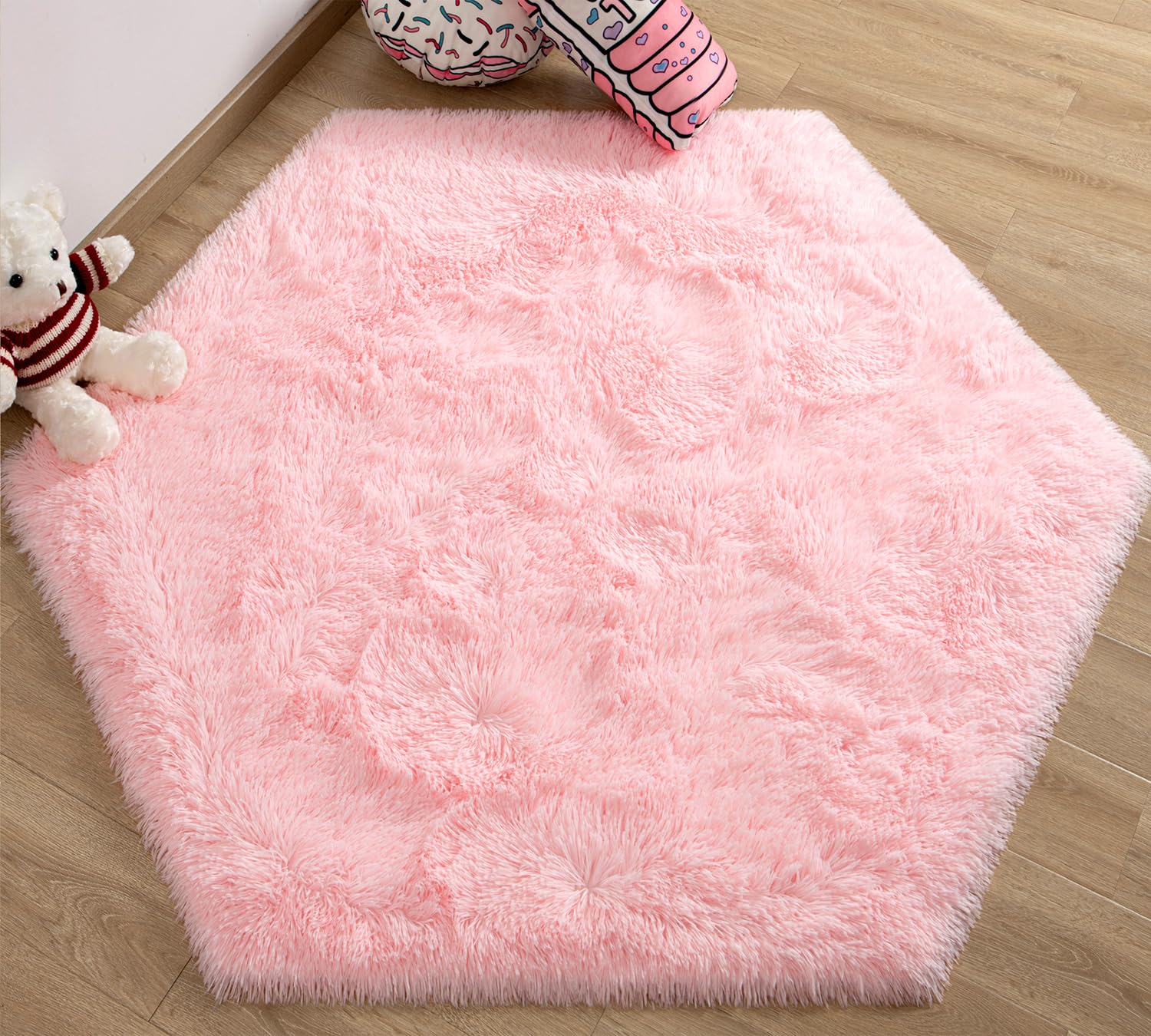 EVOIONOS Pink Hexagon Rug for Princess Tent, Fluffy Area Rug for Kids Room, 4x4.6 Feet for Girls Tent, Furry Soft Nursery Rug, F