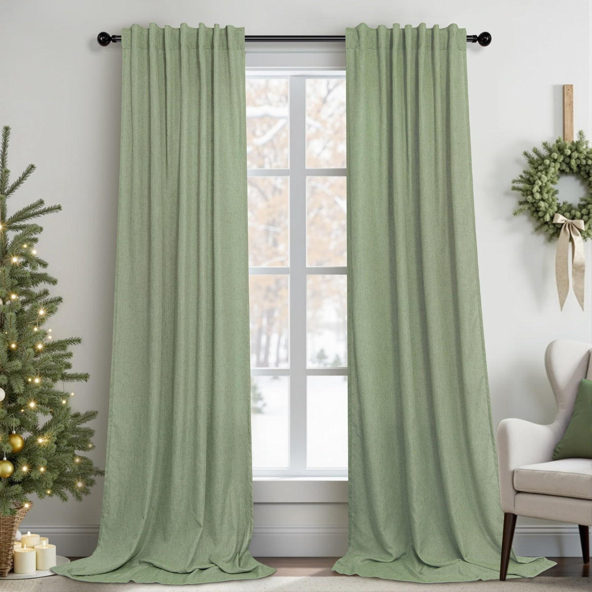 Sage Green Curtains 96 Inches Long for Living Room 2 Panels Back Tab Loop Pocket Linen Draperies Semi Privacy Sheer Light Weight Pale Green Curtains for Bedroom Office Bay Neutral Boho Farmhouse 8 FT