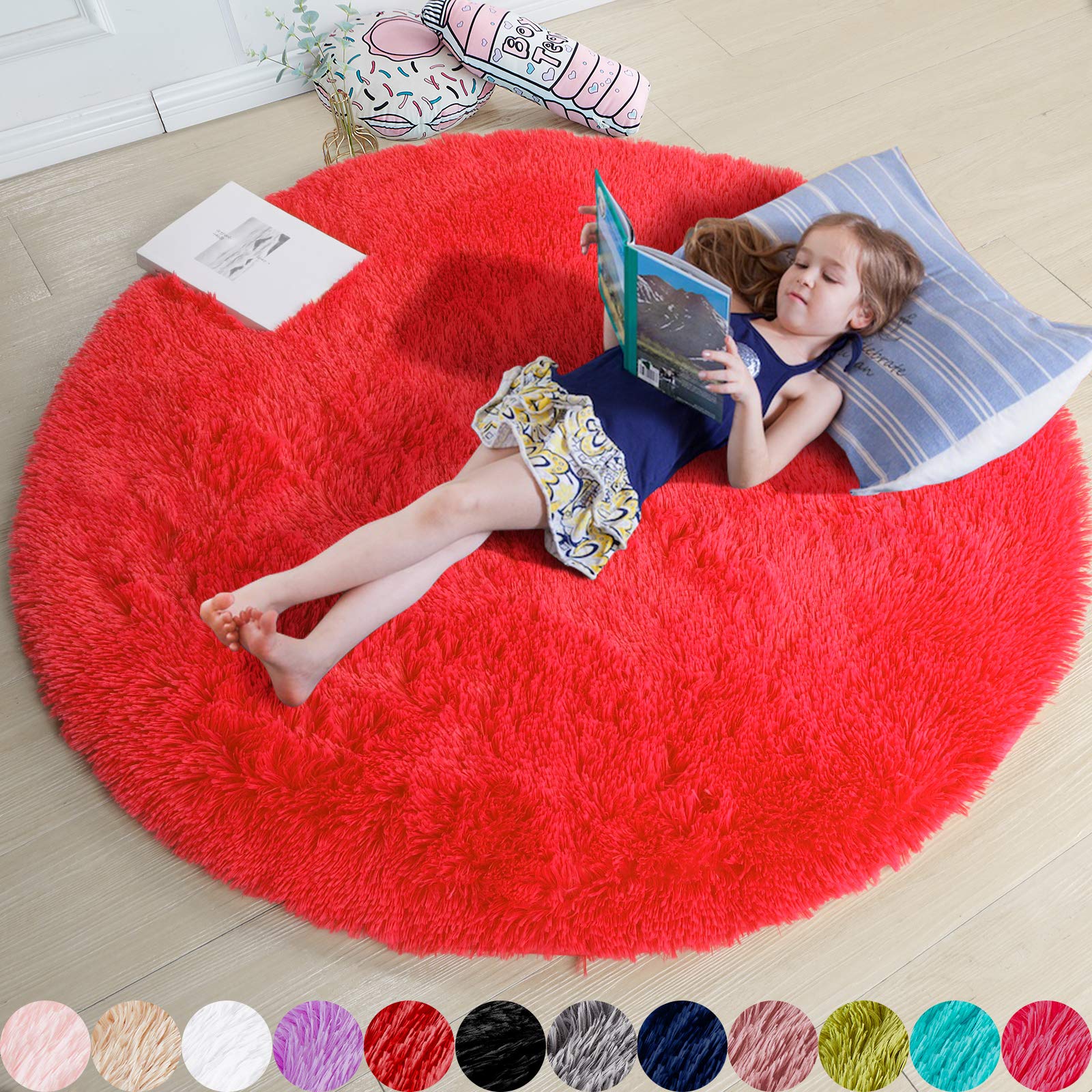 Amdrebio Red Round Rug for Bedroom,Fluffy Circle Rug 5X5 for Kids Room,Furry Carpet for Teen Girls Room,Shaggy Circular Rug fo