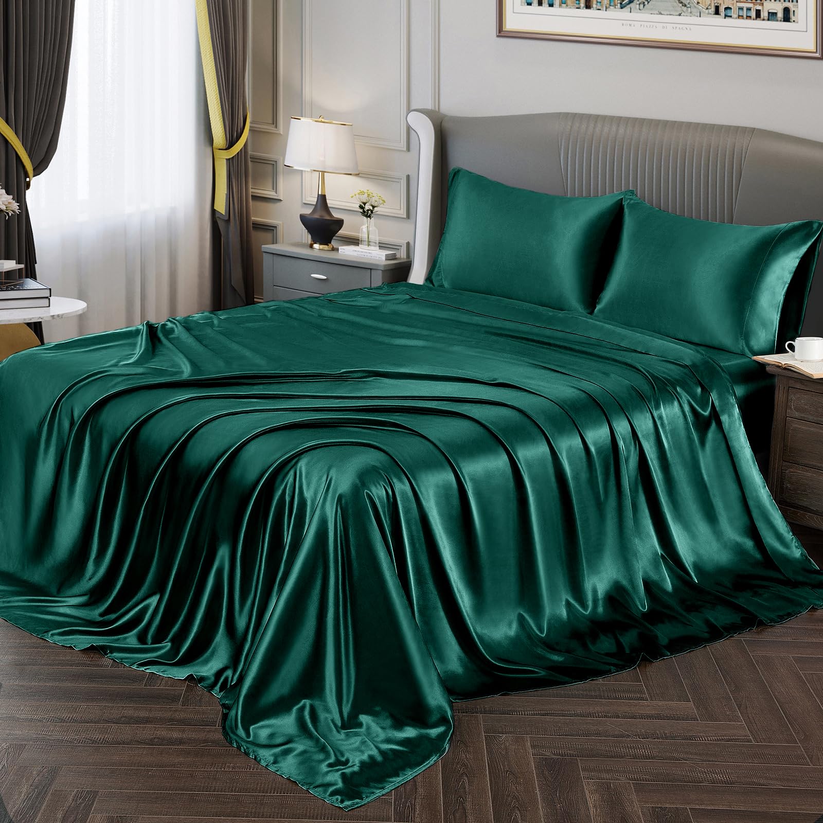 Vonty Satin Sheets Queen Size Silky Soft Satin Bed Sheets Teal Green Satin Sheet Set, 1 Deep Pocket Fitted Sheet + 1 Flat Sheet