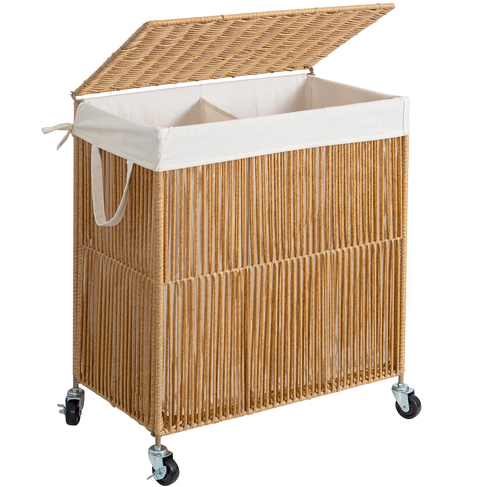 WOWLIVE Laundry Hamper with Wheels, Handwoven Rolling Laundry Basket with Lid, Clothes Hamper with Divided Removable Liner Bag, 