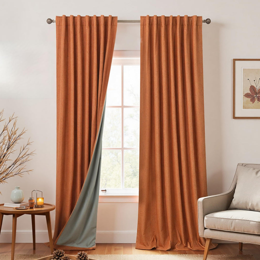 Koufall 96 Inch Curtains 2 Panel Set,Burnt Orange Linen Textured Pleated Blackout Living Room Black Out Curtain Drapes 96 Inches