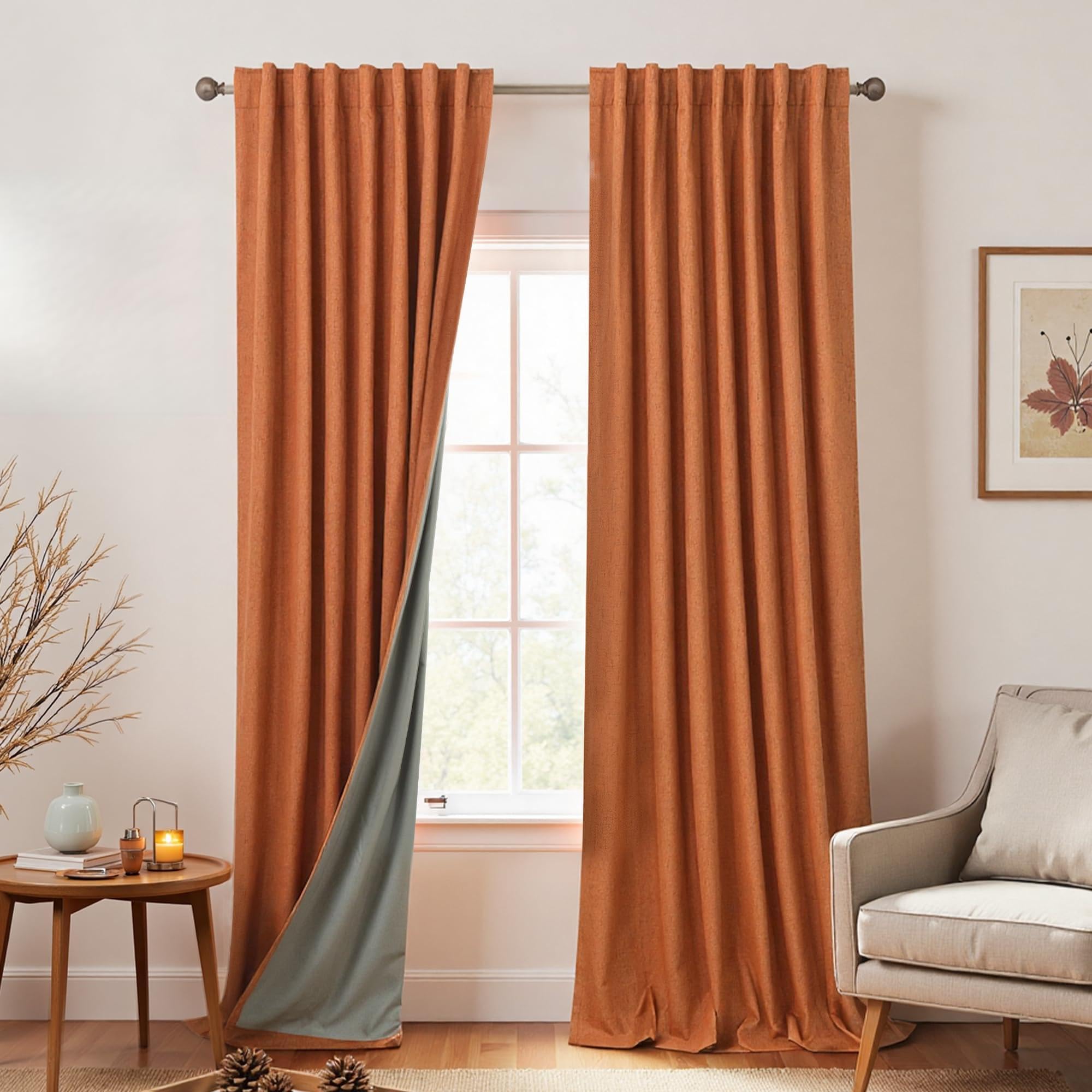 Koufall 96 Inch Curtains 2 Panel Set,Burnt Orange Linen Textured Pleated Blackout Living Room Black Out Curtain Drapes 96 Inches