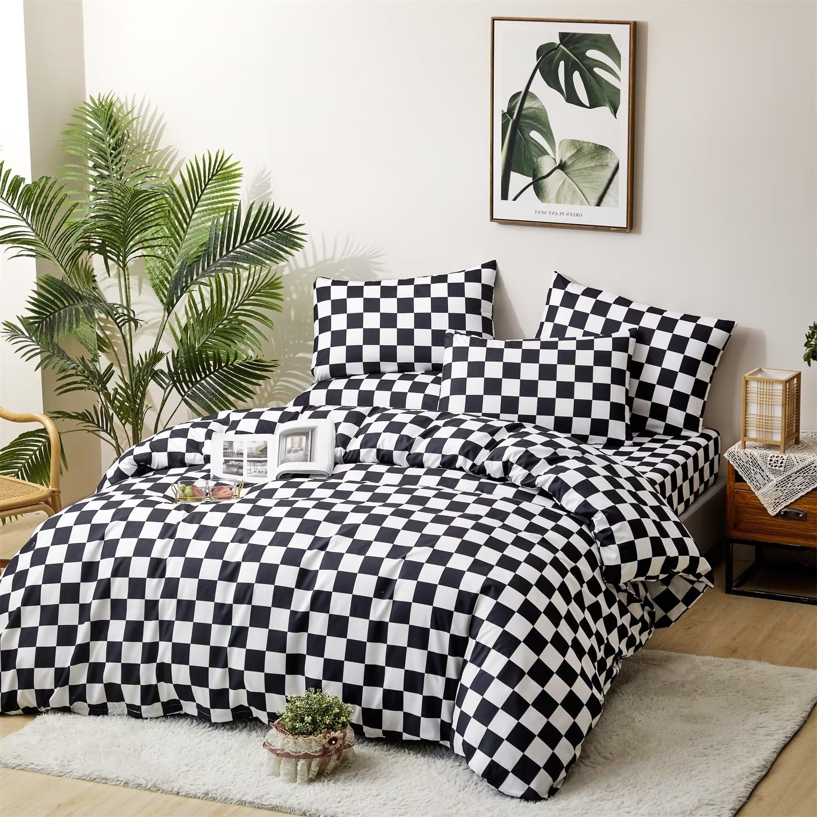 Houseri Black And White Plaid Comforter Set King Black Grid Bedding Comforter King Size Men Women Modern Checkerboard Comforters