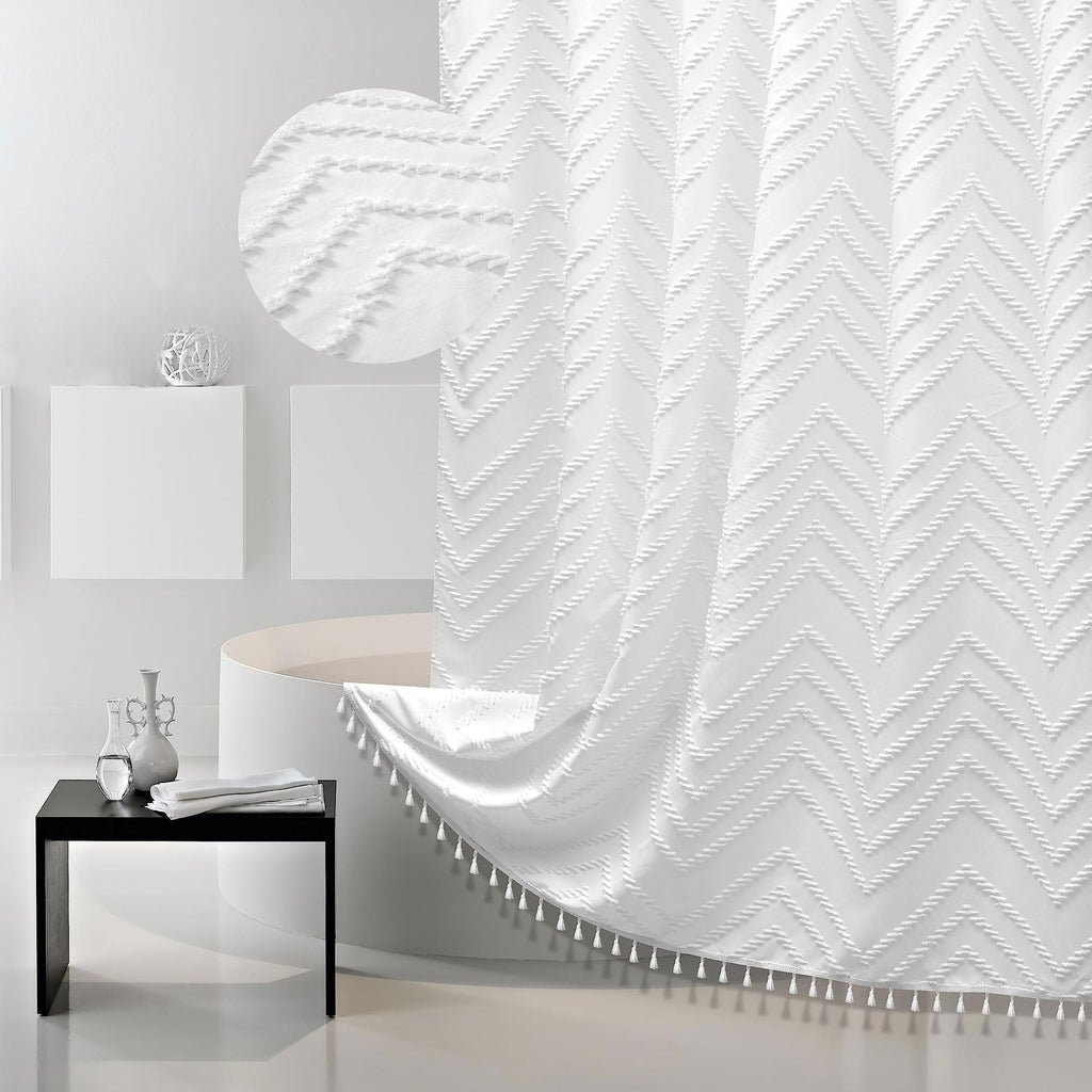 Boho Shower Curtain White Tassel Woven Fabric Shower Curtain 72 X 70 Modern Farmhouse Textured Tufted Chevron Striped Minimalist