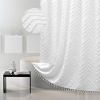 Boho Shower Curtain White Tassel Woven Fabric Shower Curtain 72 X 70 Modern Farmhouse Textured Tufted Chevron Striped Minimalist