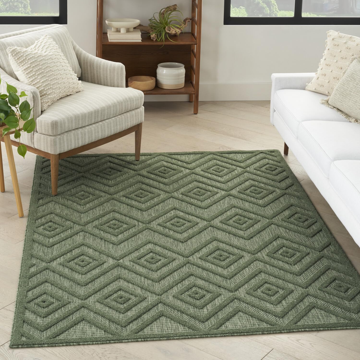 Nourison Versatile Indoor/Outdoor Green 5' X 7' Area Rug, Easy Cleaning, Non Shedding, Bed Room, Living Room, Dining Room, Backyard, Deck, Patio (5X7)