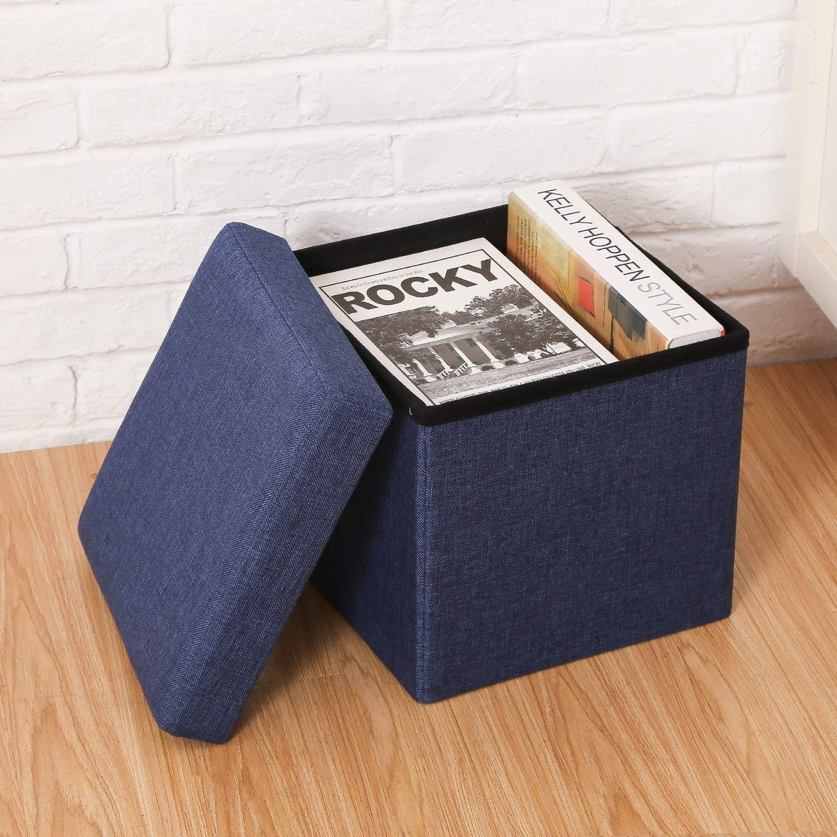 Skyfun (Label) Linen Collapsible Folding Ottoman Footrest Sitting Cum Storage Cube Stool Bag Bedding Organizer (Navy Blue)