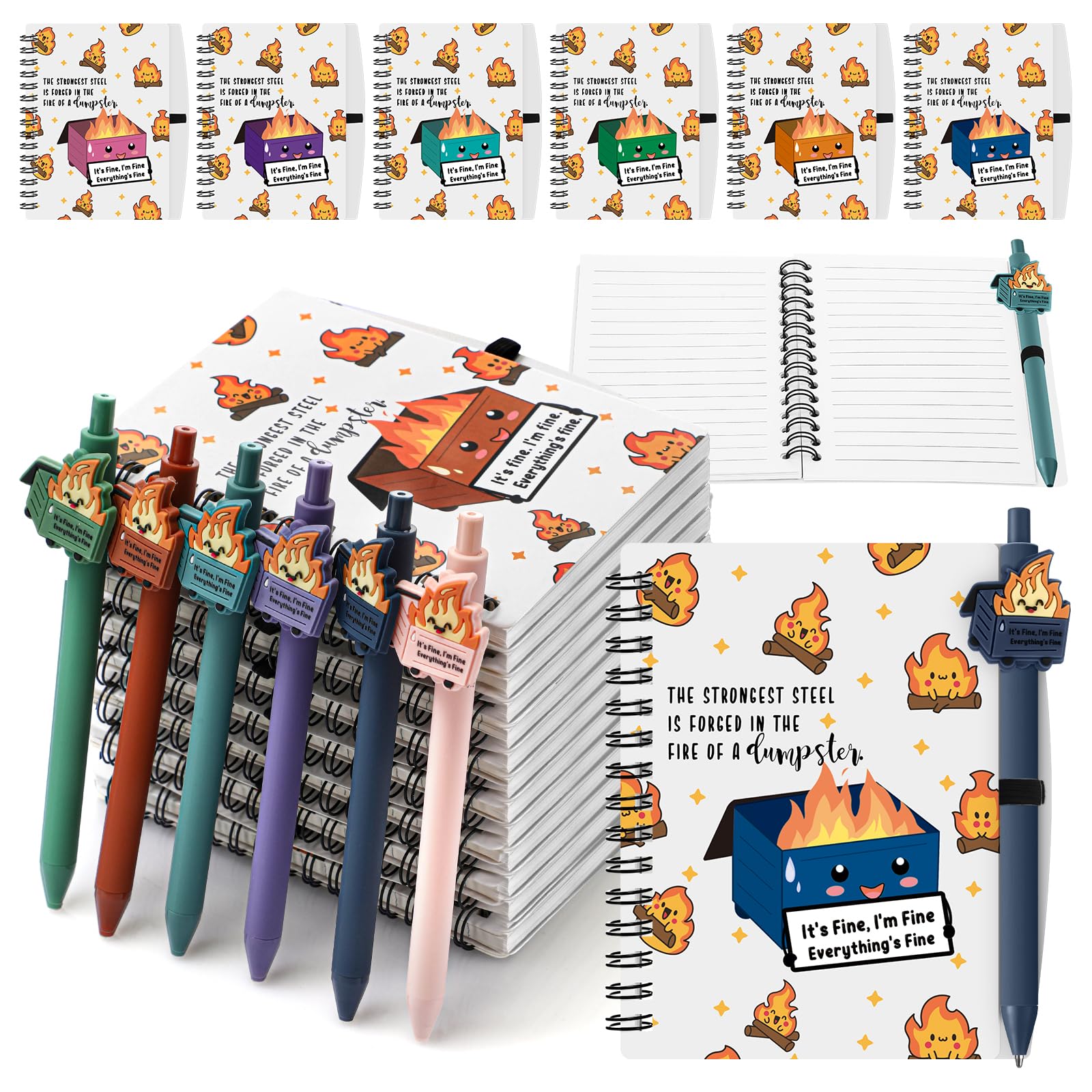 Resurhang 60 Pcs Dumpster Fire A6 Notebooks Pens Bulk Boss Day Inspirational Funny Gift Set with Saying Dumpster Fire Notepad Ba