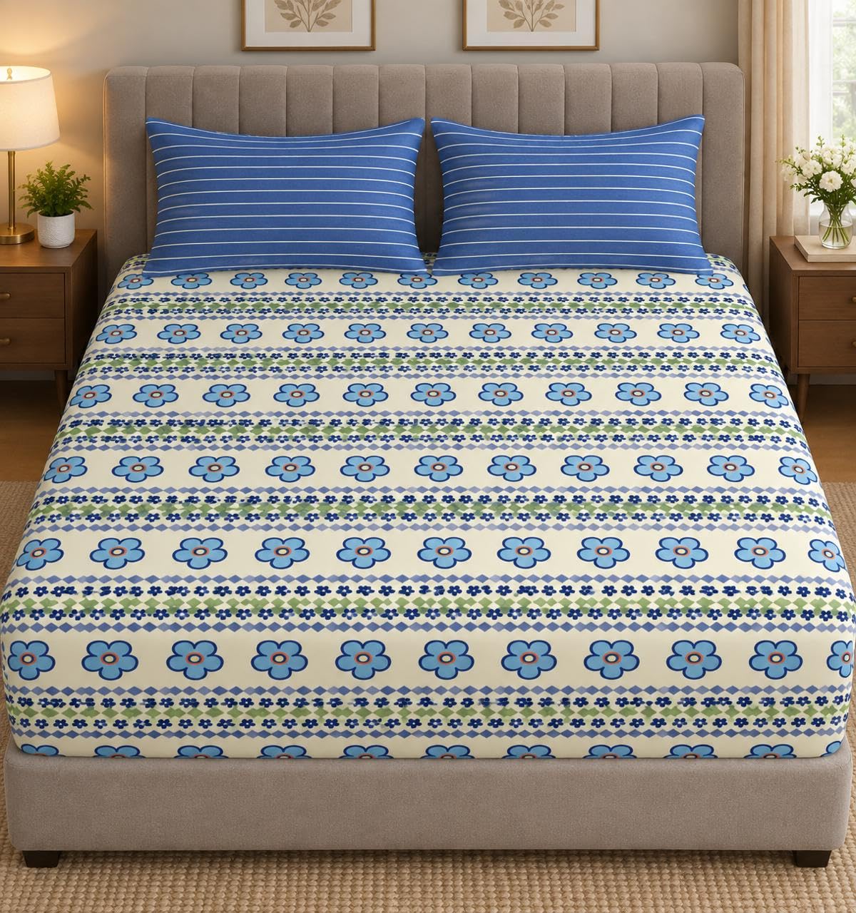 Solo Desire Super King Size Bedsheet With Elastic Glace Cotton Bedsheets Fits Upto 12 Inch Mattress For Double Bed With 2 Pillow