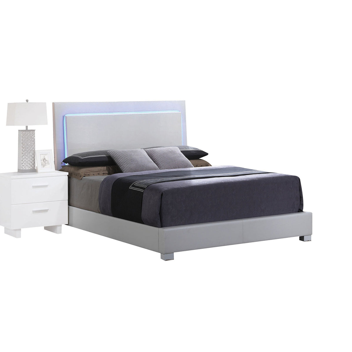 Acme Lorimar Queen Upholstered Wooden Panel Bed With Led In White