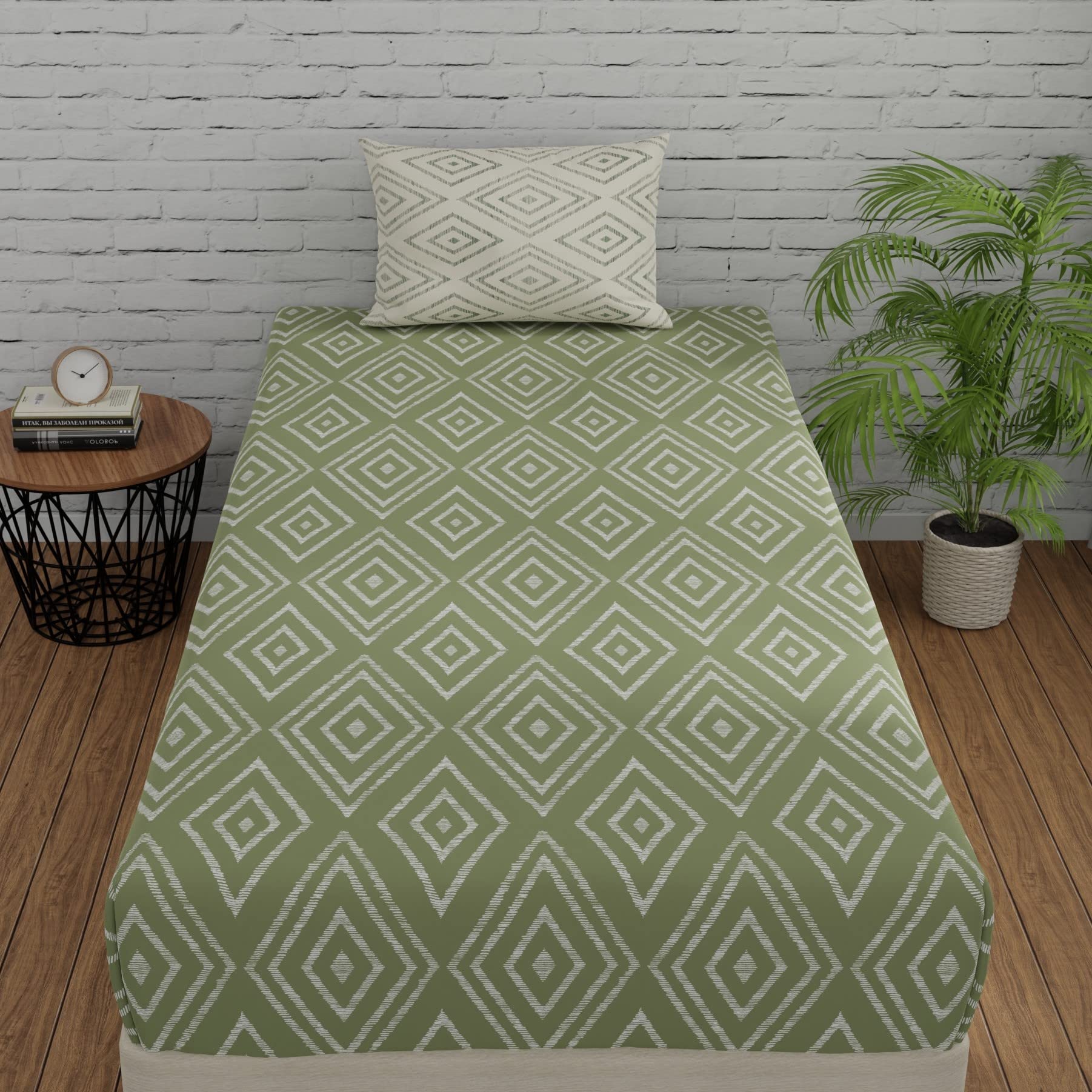 Huesland By Ahmedabad Cotton 144 Tc Fitted Bedsheet Single Bed Cotton With 1 Pillow Cover | 36X78 Inches | Sage Green & White
