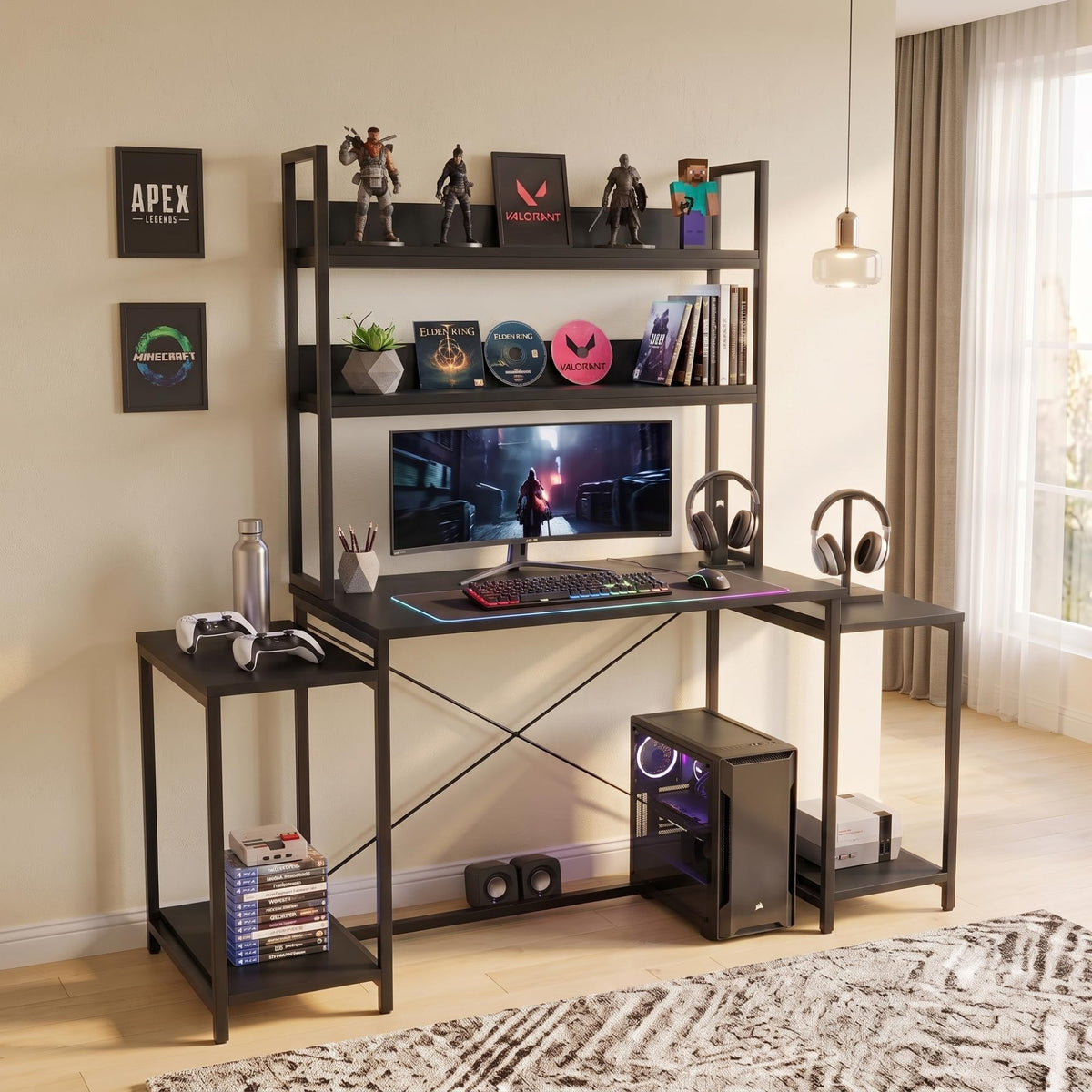 Callas Deskstation St26 Engineered Wood Study Table With Storage Hutch And Side Shelves For Home Office, Gaming Table,136L X 54