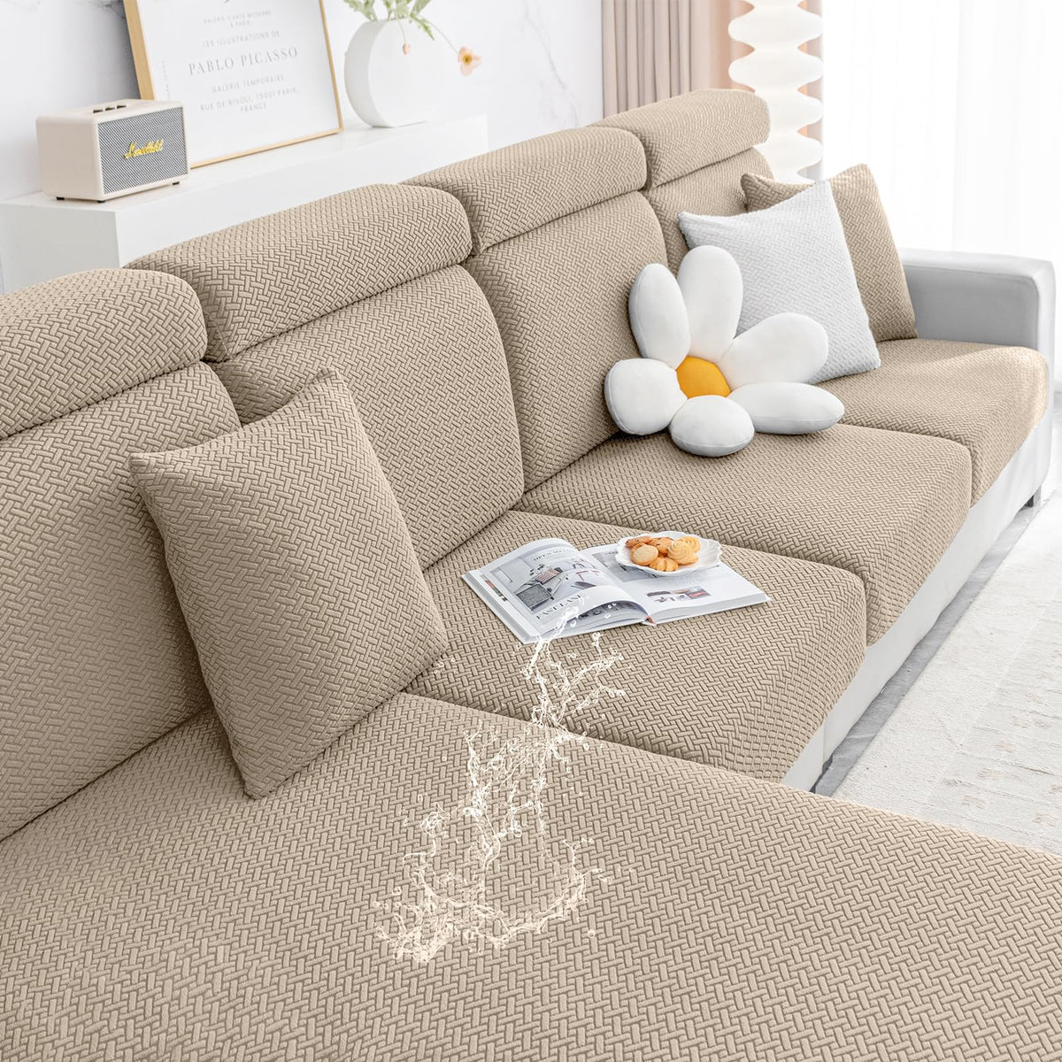 Smiry Waterproof Couch Cushion Covers, Stretch Jacquard Thick Sofa Cushion Covers, Washable Seat Cover Slipcover Elastic Furniture Protector For Pets, Kid (2Pc, Camel)