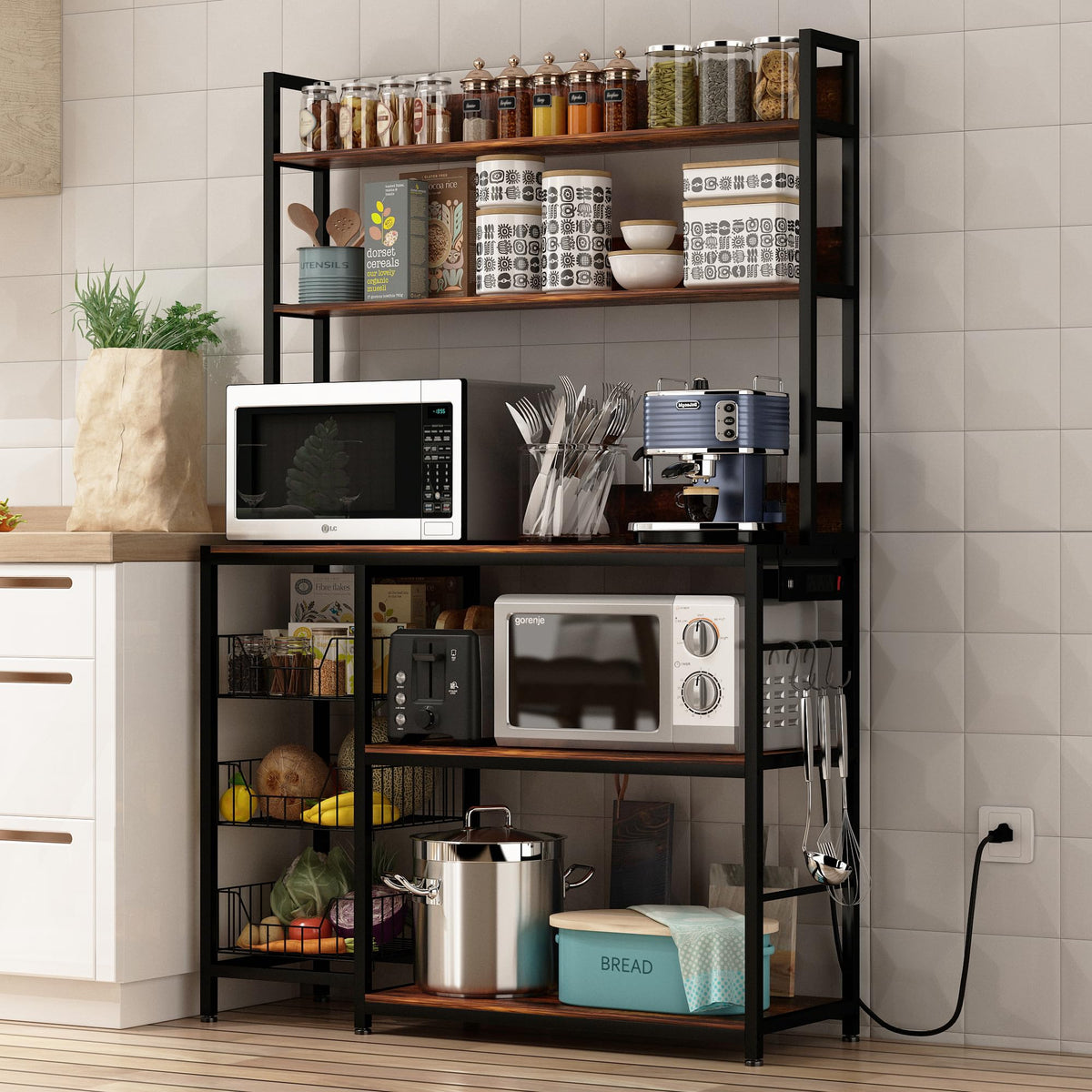 Chnnmbrn Kitchen Bakers Rack with Baskets,Free Standing Kitchen Shelf,5-Tier Kitchen Utility Storage Shelf with Hooks, Microwave