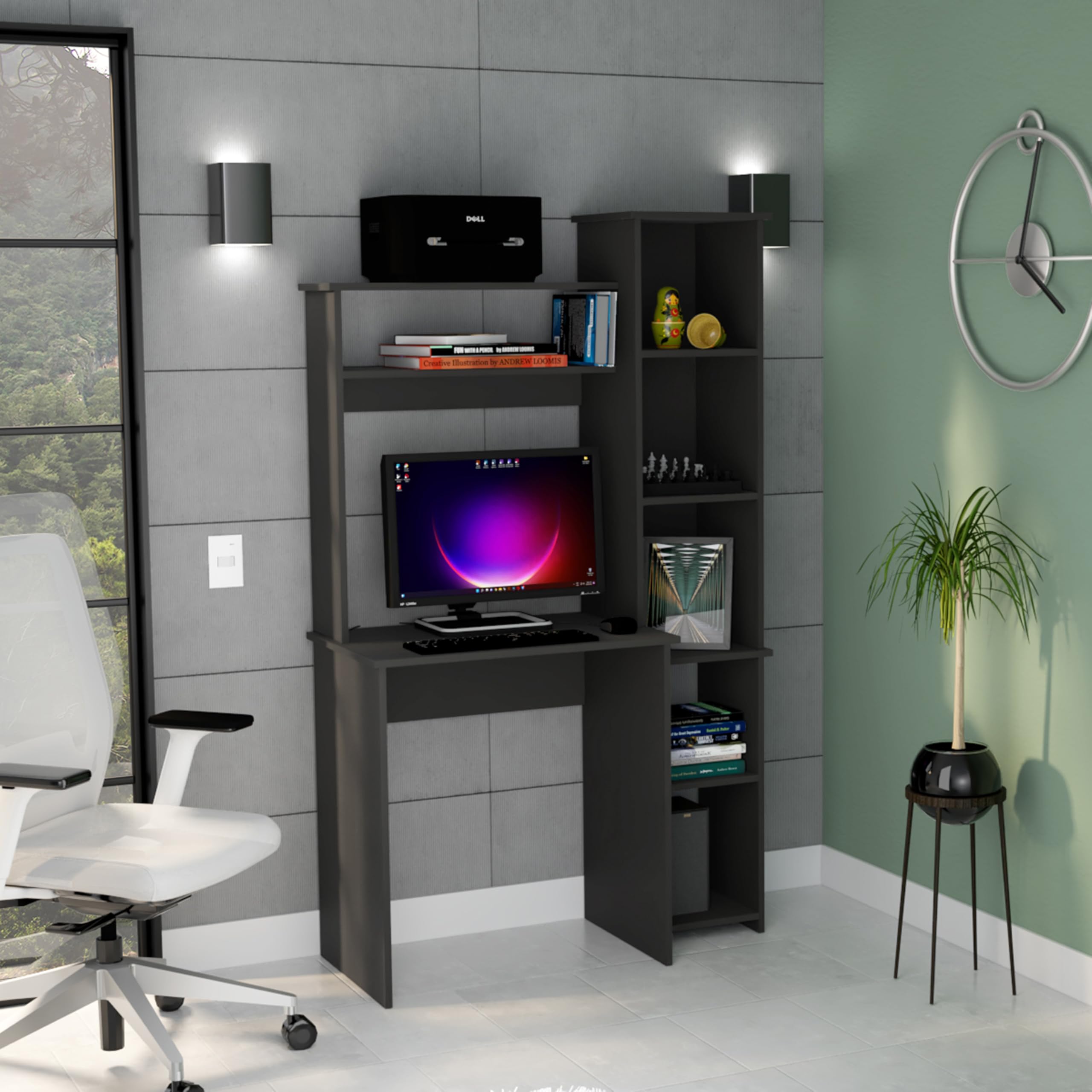 DEPOT E-SHOP Aramis Desk with Five Shelves and Two Superior Shelves, 63" H, Black, Office