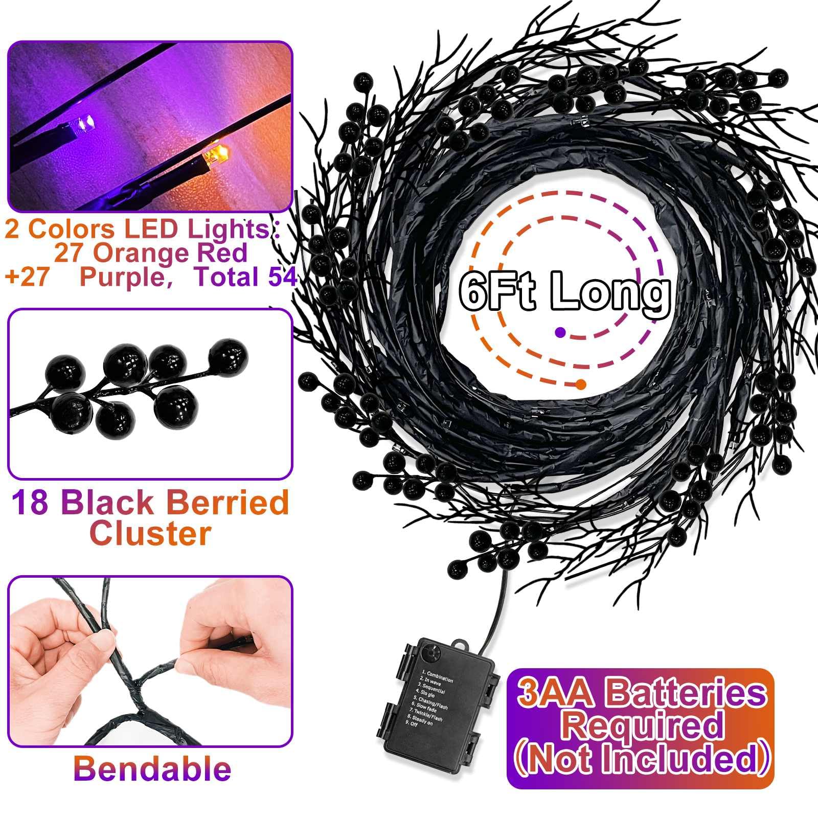 Halloween Garland Purple & Orange Lights Halloween Decorations,6 Ft 54 Led Halloween Willow Vine Twig Timer 8 Modes Remote Contr