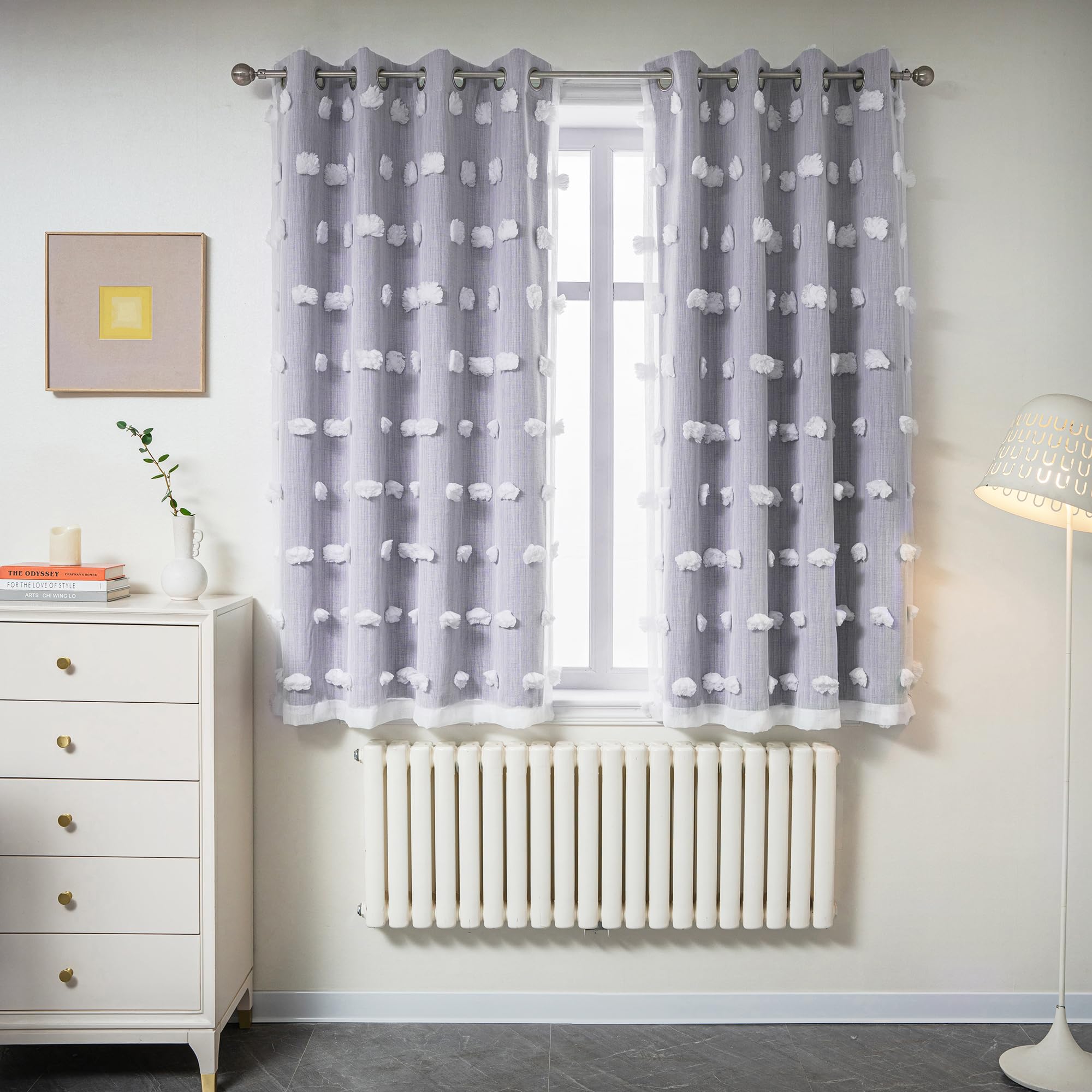 Mysky Home Lilac Curtains For Girls Bedroom Kids Curtain 54 Inches Length White Pom Pom Sheer Small Window Curtains 2 Panels Double Layer Curtains Grommet Room Darkening Nursery Curtains, W52 X L54