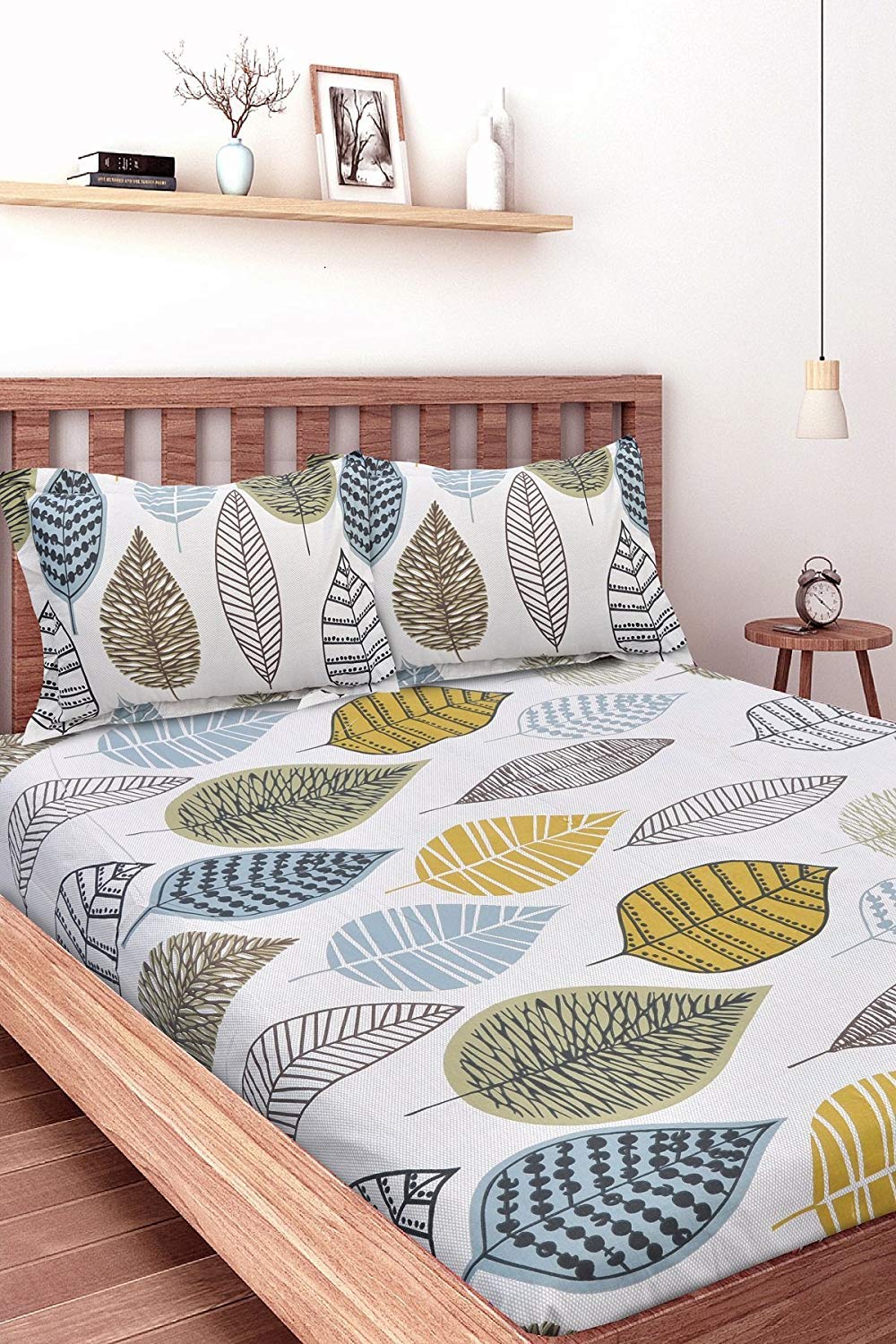 Huesland by Ahmedabad Cotton 144 TC Cotton Single Bedsheet with 1 Pillow Cover  Beige, Green & Blue