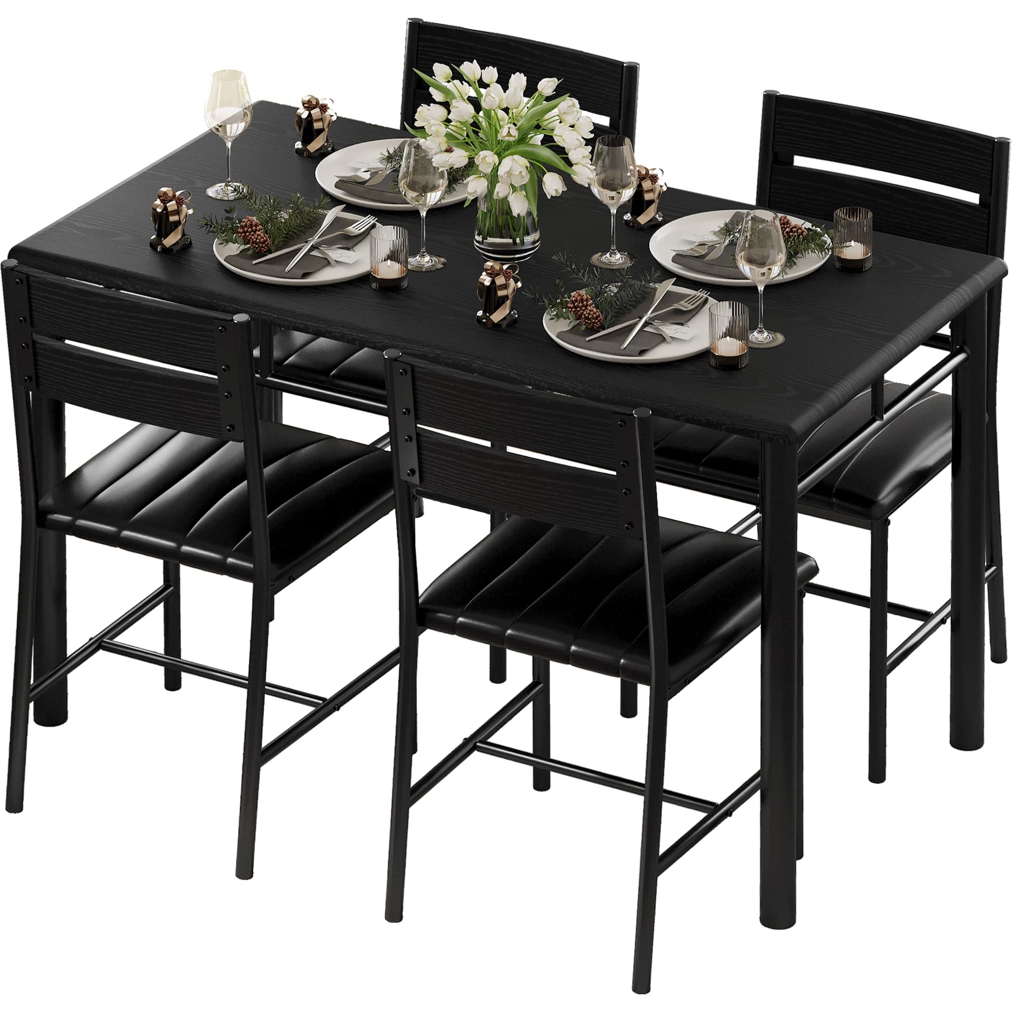 IRONCK Dining Table Set for 4, Wood Kitchen Table with Upholstered Chairs for Kitchen & Dining Room, Compact Dining Set for Smal