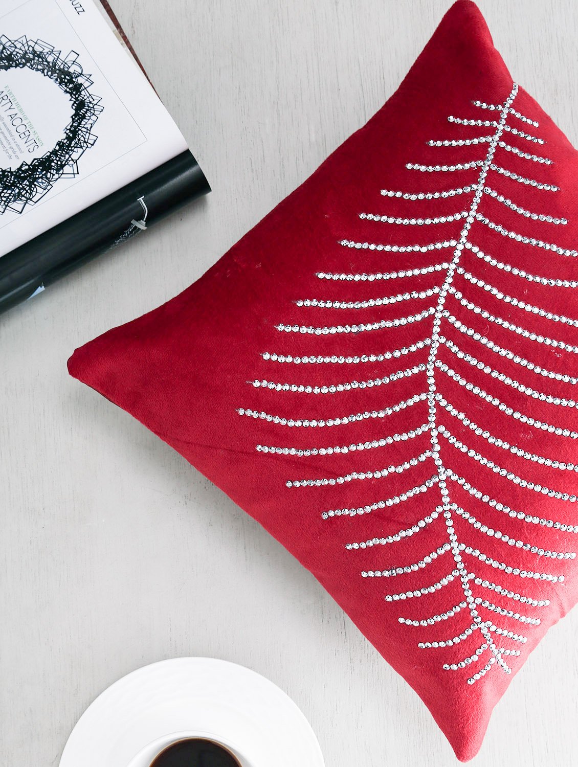 First Row Star Embroidered Red Velvet Cushion Cover Set Of 5