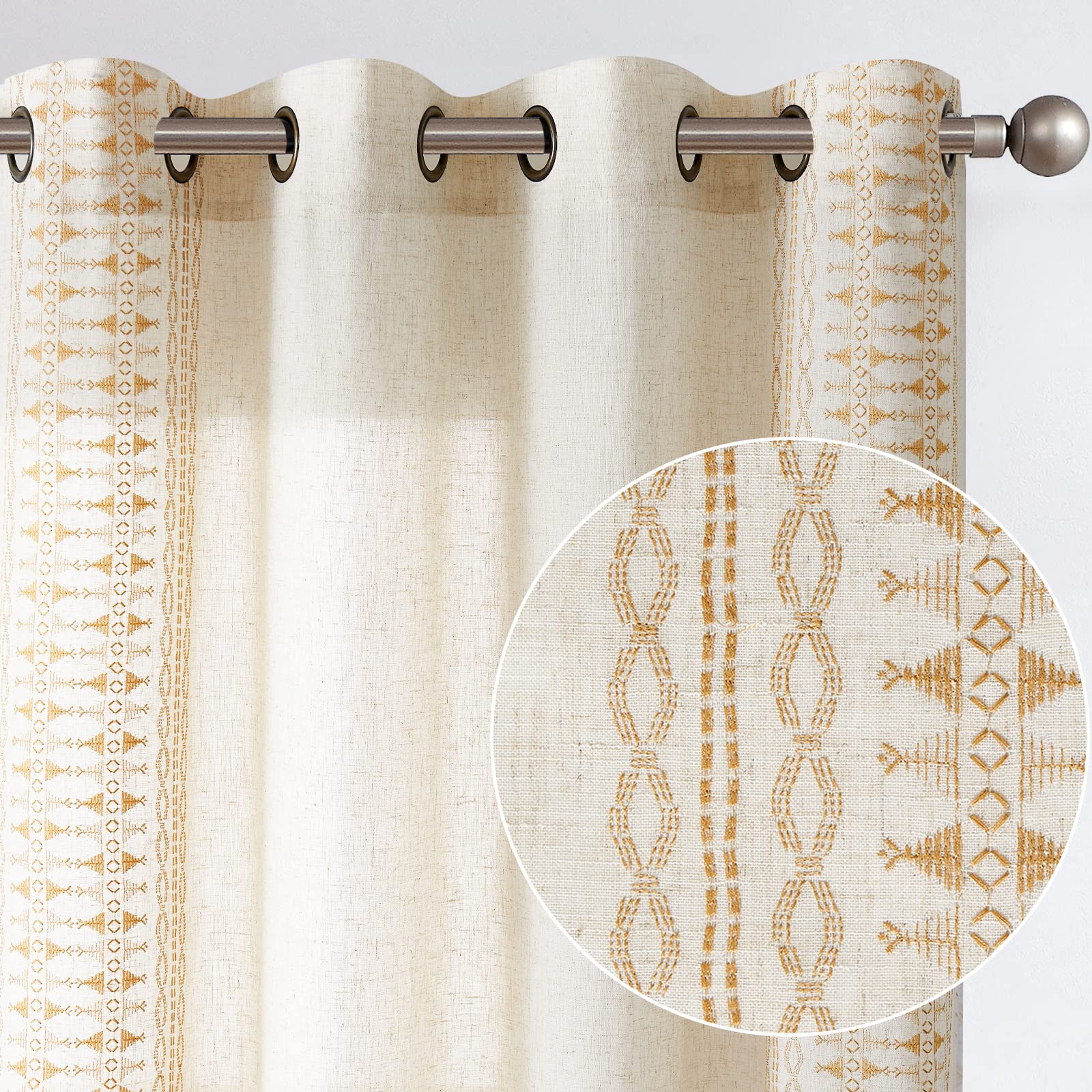 jinchan Boho Curtains Embroidered Linen Blend Window Curtains for Bedroom Geometry Grommet Bohemian Window Drapes Set for Living