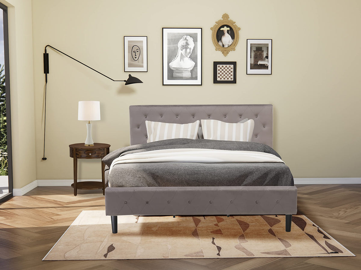 East West Furniture Nl14K1Hi08 2 Piece Bedroom Set  King Size Button Tufted Bed  Brown Taupe Velvet Fabric Upholstered Headbo