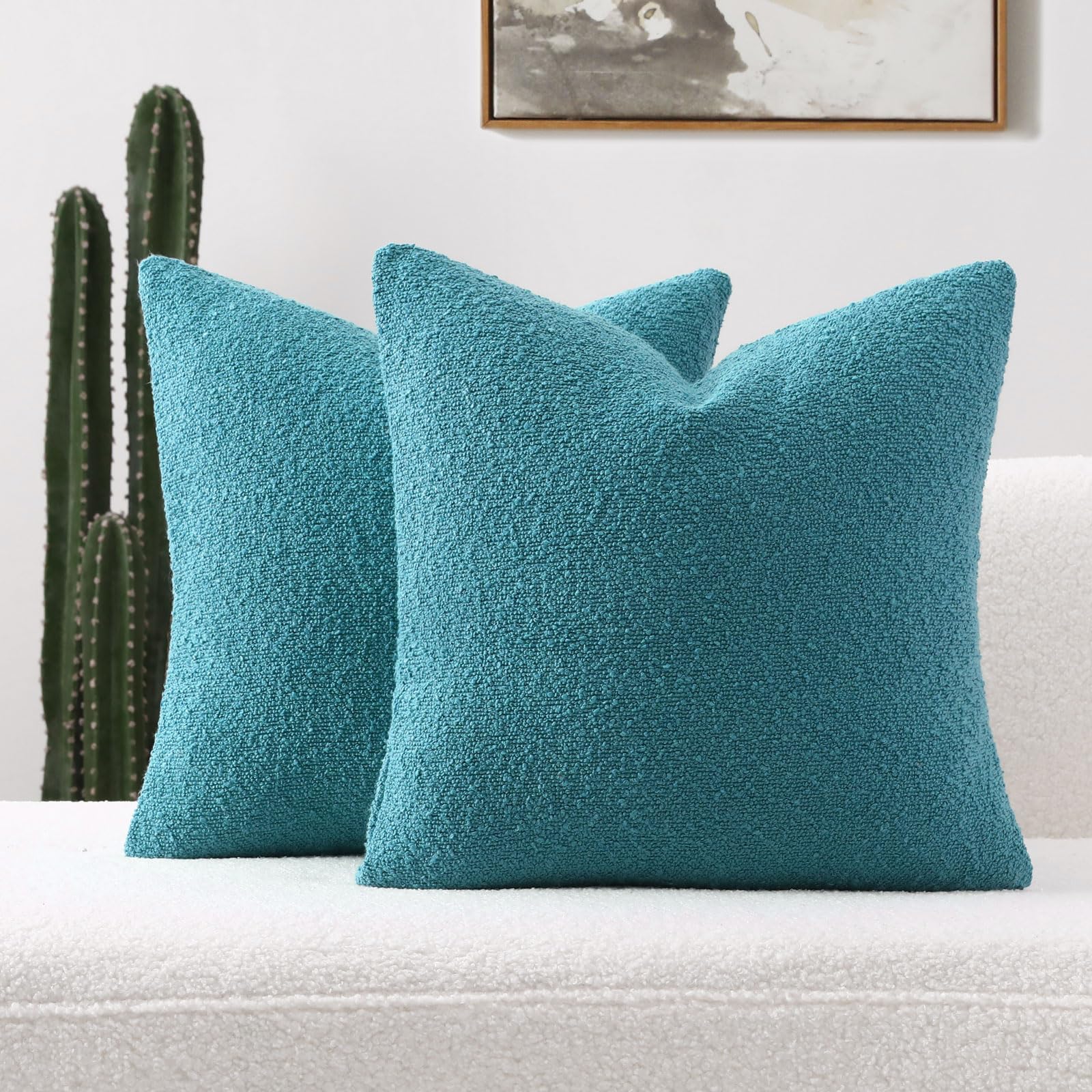 Futei Pack Of 2 Teal Blue Boucle Accent Decorative Throw Pillow Covers,26X26 Inch Soft Solid Textured Euro Pillow Shams,Home Dec