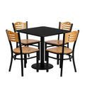 Flash Furniture 30'' Square Black Laminate Table Set with 4 Wood Slat Back Metal Chairs - Natural Wood Seat
