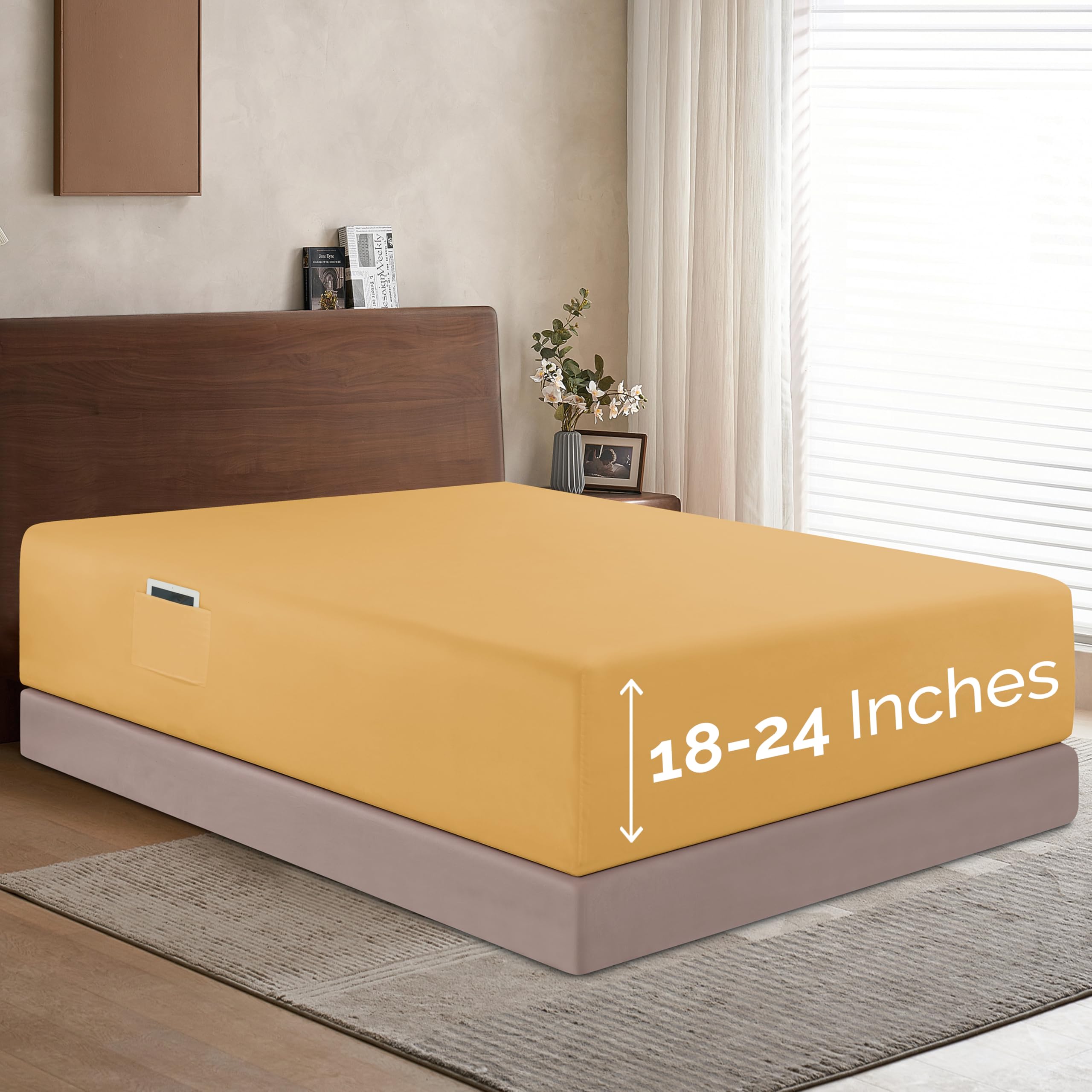 Elegant Comfort 1500 Premium Hotel Quality 18-24 Inches Deep - Extra Deep Pocket Single Fitted Sheet For High Mattress, Luxury And Softest, Smart Pocket - Wrinkle Free, Queen, Gold