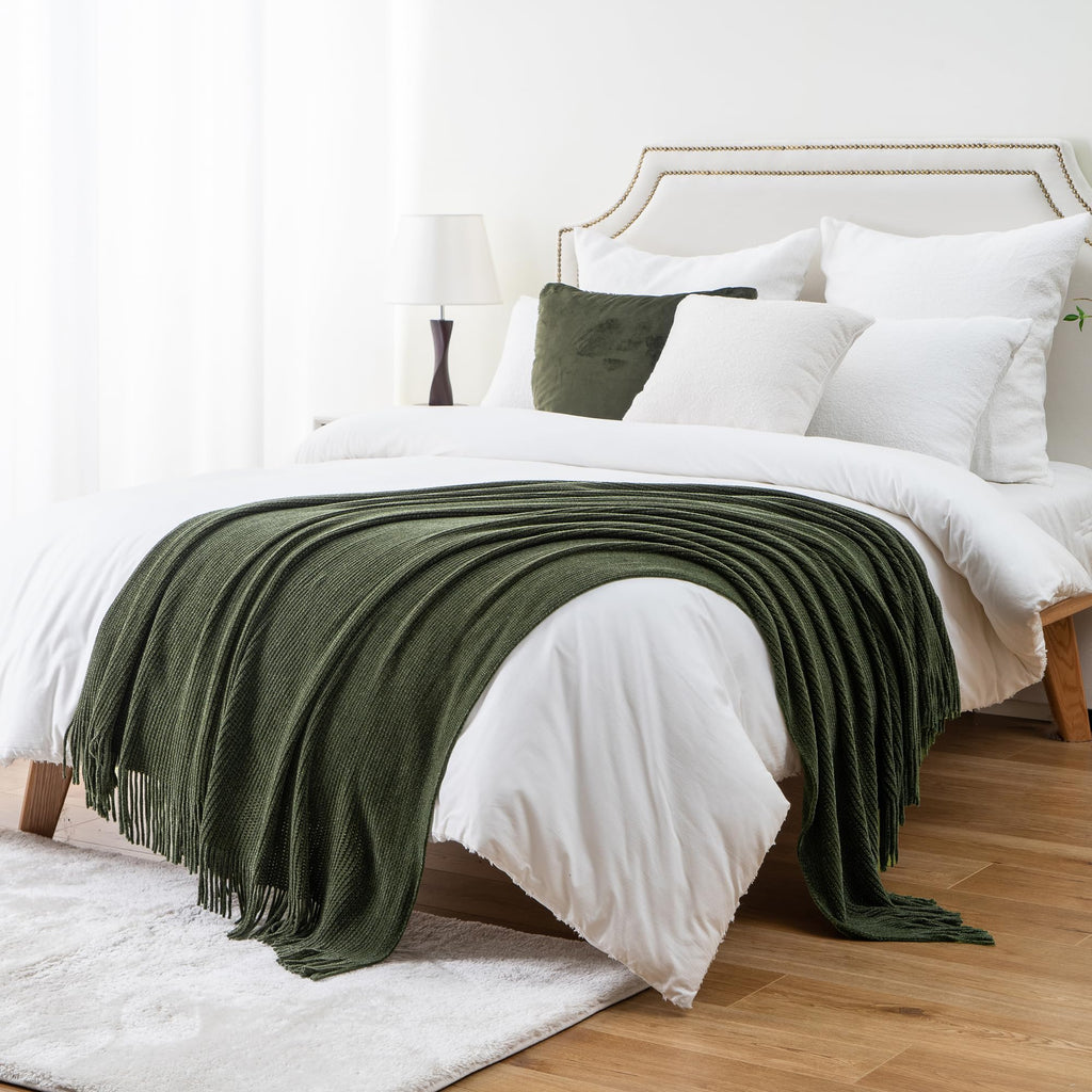 Battilo Home Olive Green Throw Blanket For Couch, Soft Chenille Knit Throws With Tassels For Home Decor, Green Throws For Couch