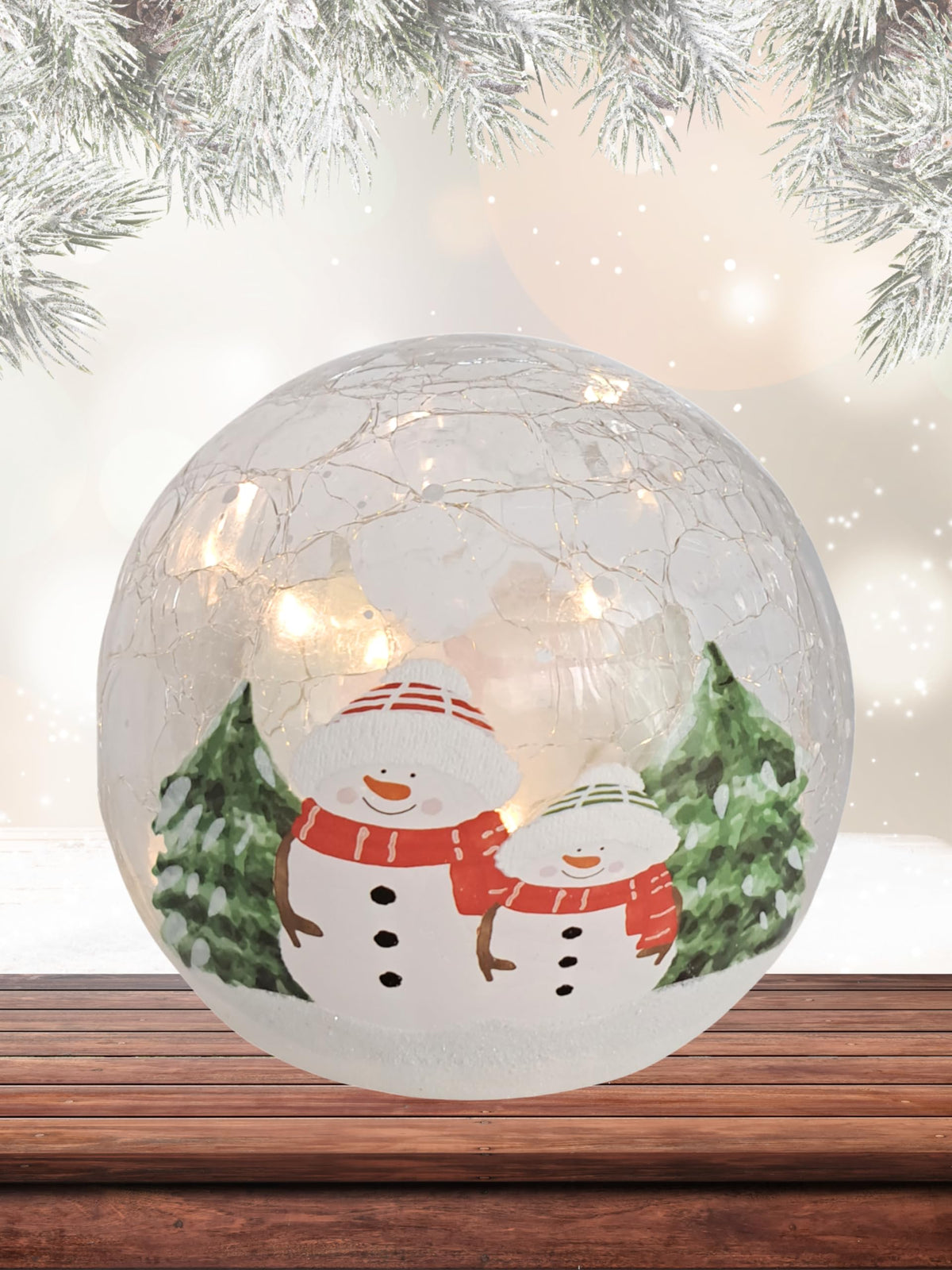 Gift Essentials Cozy Snowmen Crackle Glass Globe - LED Christmas Light Up Globe Home Decor - Battery Operated Globe Lamp with 6 