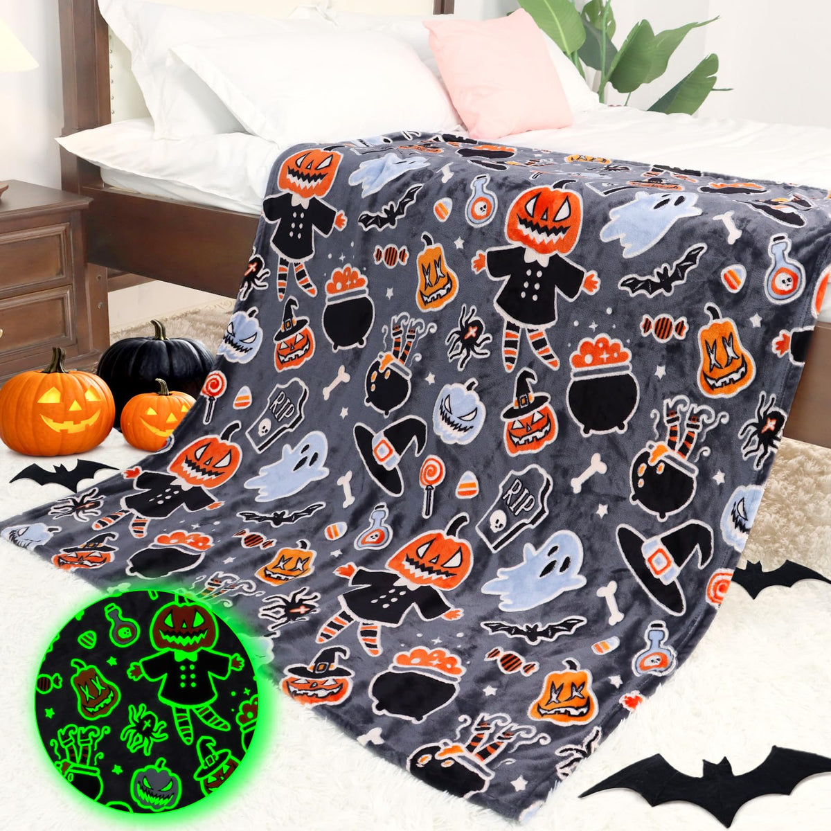 Halloween Blanket Cozy Soft Lightweight Fleece Fall Pumpkin Throw Blankets Glow In The Dark Blankets Gifts Decor For Girls Boys