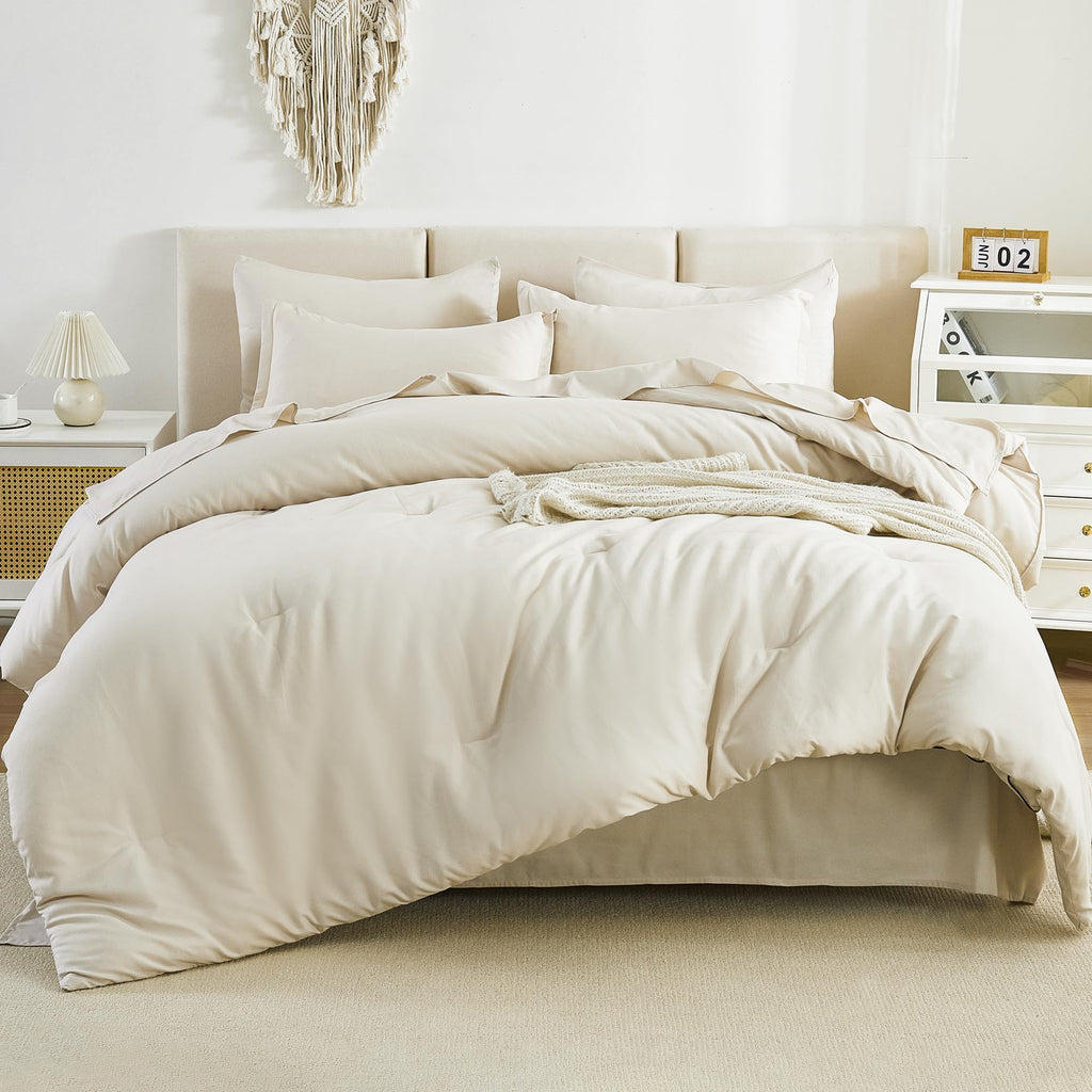 Litanika Beige Bed In A Bag Full - 7 Pieces Full Size Comforter Sets Beddding Comforter Sets, Solid Fluffy Bed Set With Comforte