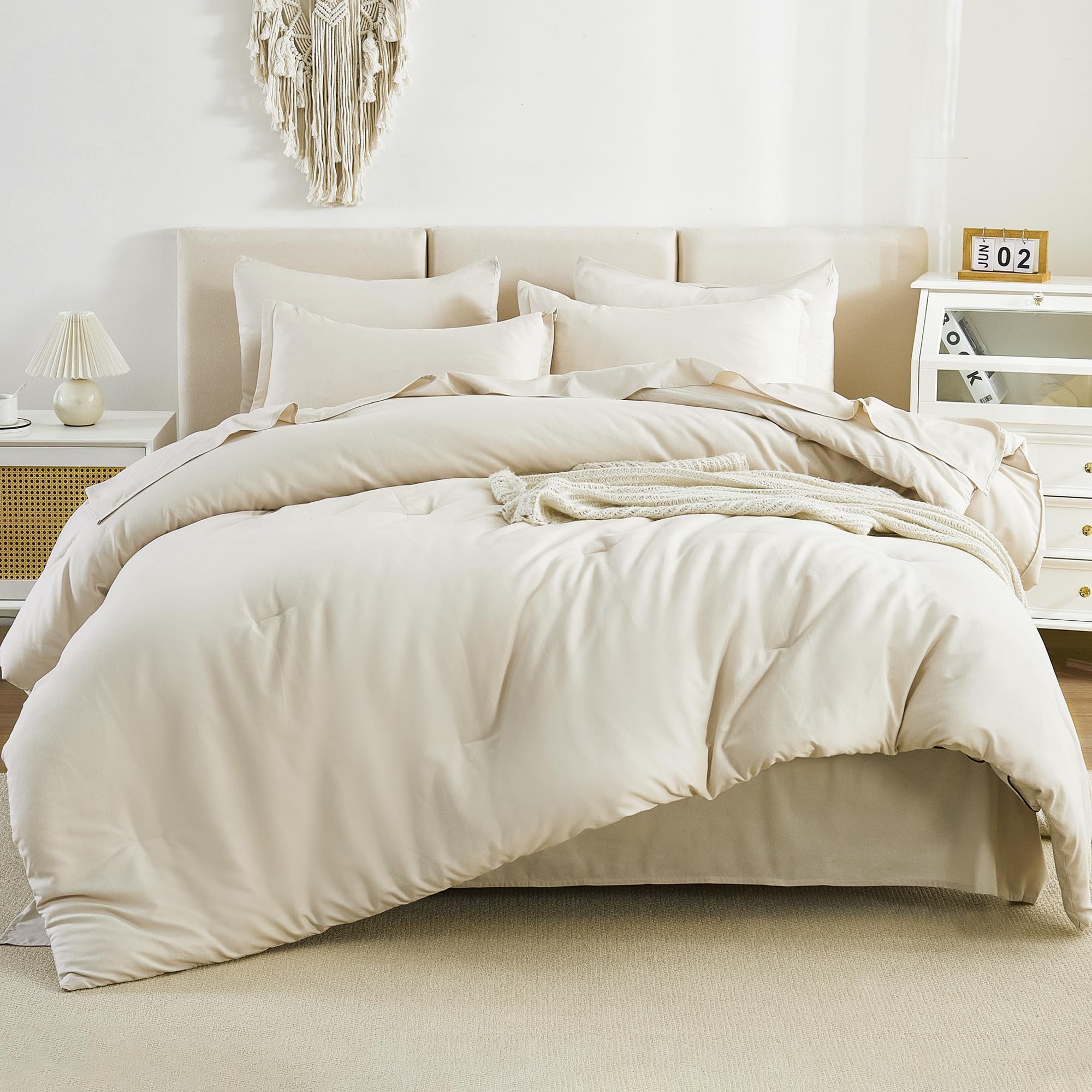 Litanika Beige Bed In A Bag Full - 7 Pieces Full Size Comforter Sets Beddding Comforter Sets, Solid Fluffy Bed Set With Comforte