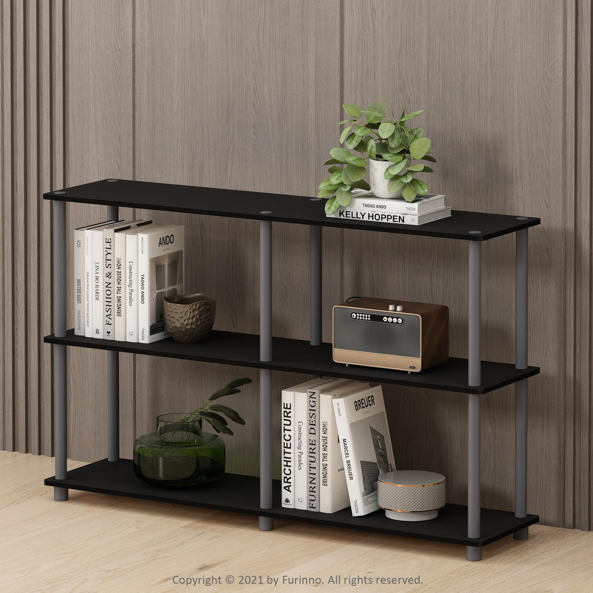 Furinno Turn-N-Tube 3-Tier Double Size Storage Display Rack, Black/Grey