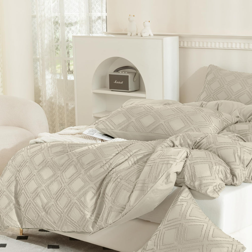 Jellymoni 2 Pack Cream Grey Pillowcases King Size, Soft Microfiber Geometric Tufted Pillow Covers With Envelope Closure (Pillows