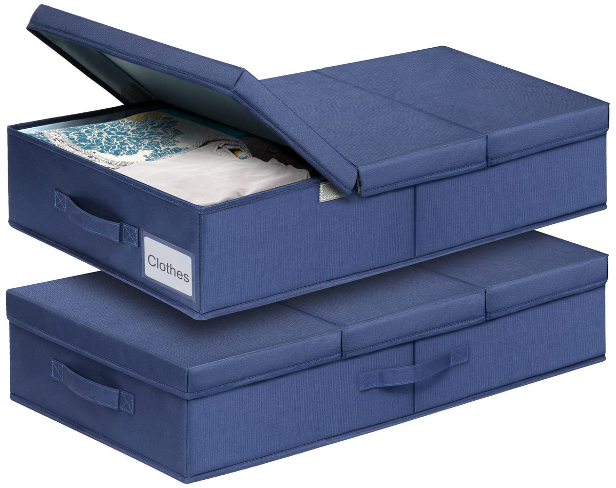 Punemi Under Bed Storage Containers, 2 Pack Under Bed Organizer With Lids, Long Flat Stackable Clothes Storage Bins Large Underb