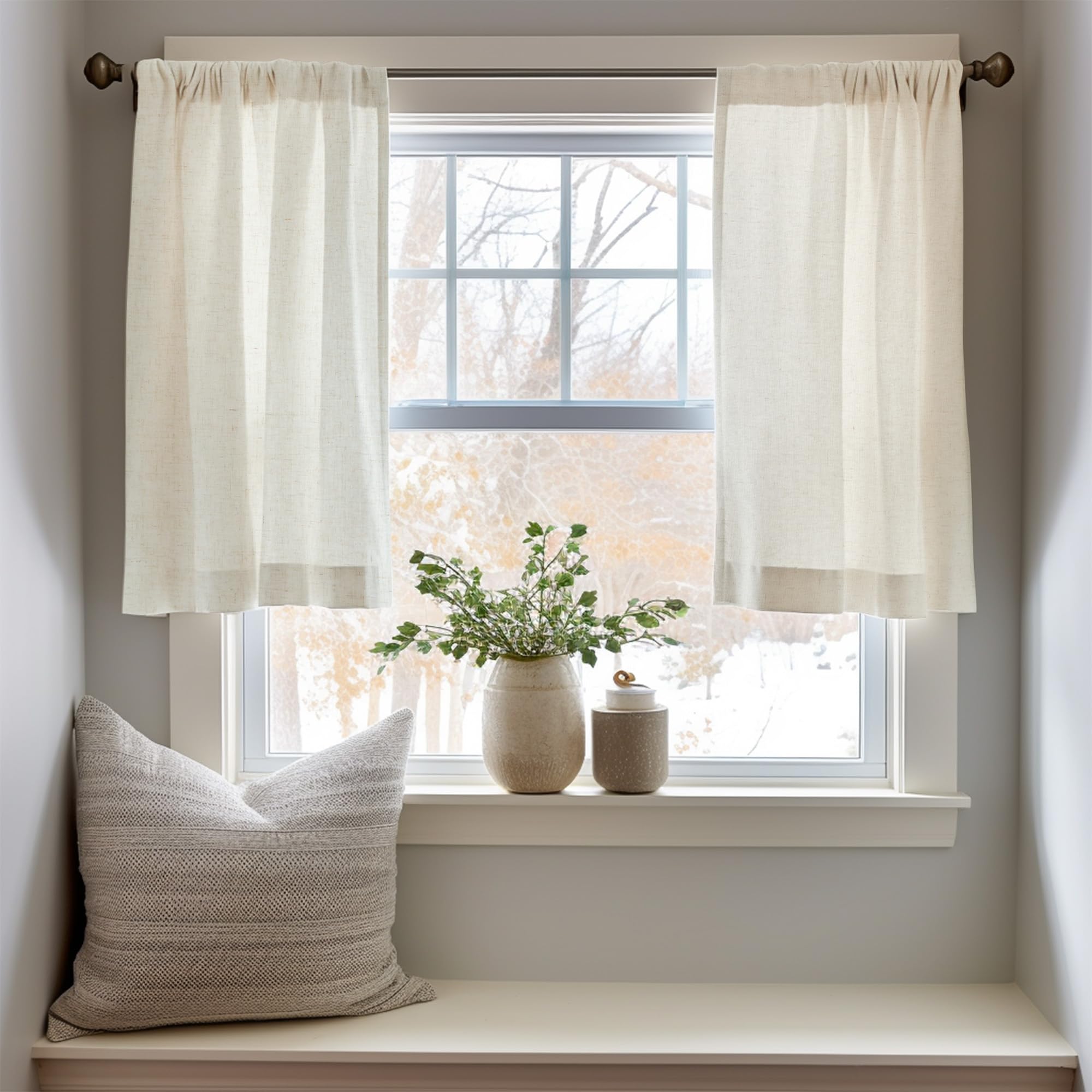 Jinchan Linen Textured Tier Curtains 24 Inch For Kitchen Windows Country Farmhouse Cafe Small Curtains Rustic Light Filtering Half Curtains For Living Room Laundry Bathroom Rod Pocket 2 Panels Crude