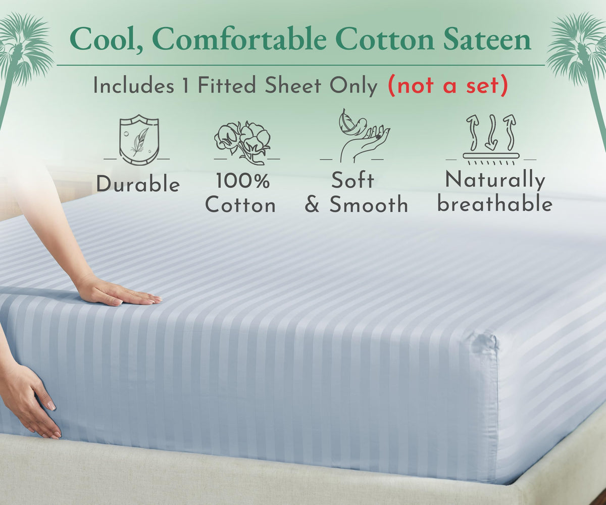 California Design Den Luxury Cotton Sateen Damask Stripe Fitted Queen Sheet Only - Soft 100% Cotton Sateen, Deep Pocket Bottom Fitted Sheet, Hotel Quality With A Foot Side Indicator - Light Blue