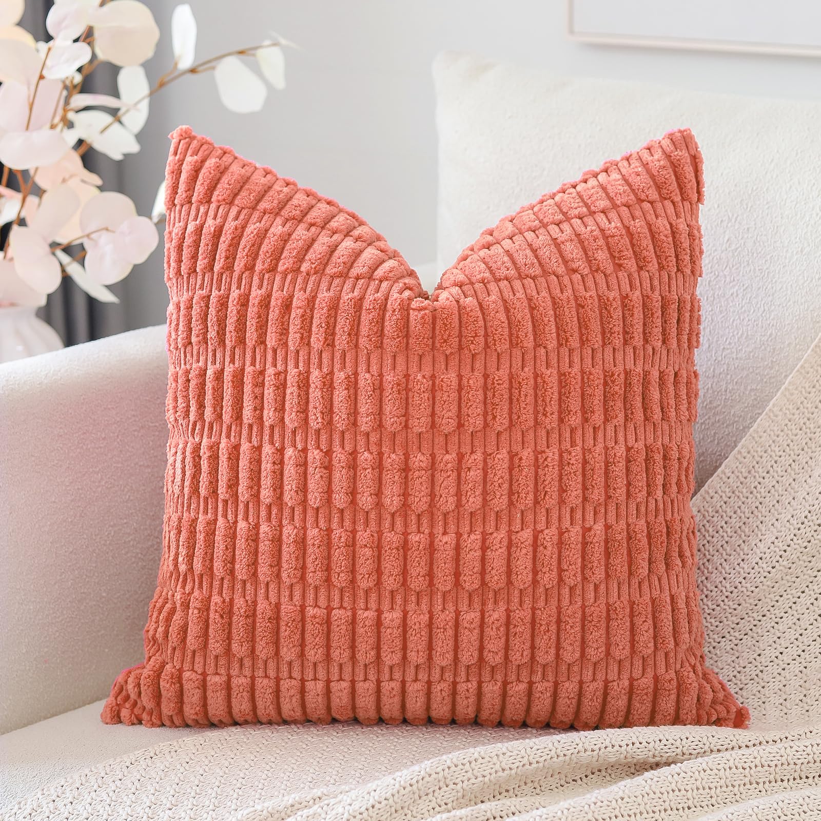 Otostar Corduroy Decorative Throw Pillow Covers 20X20 Inch Super Soft Boho Striped Square Pillow Covers Case Modern Cushion Covers For Sofa Couch Bedroom Car Decor Coral