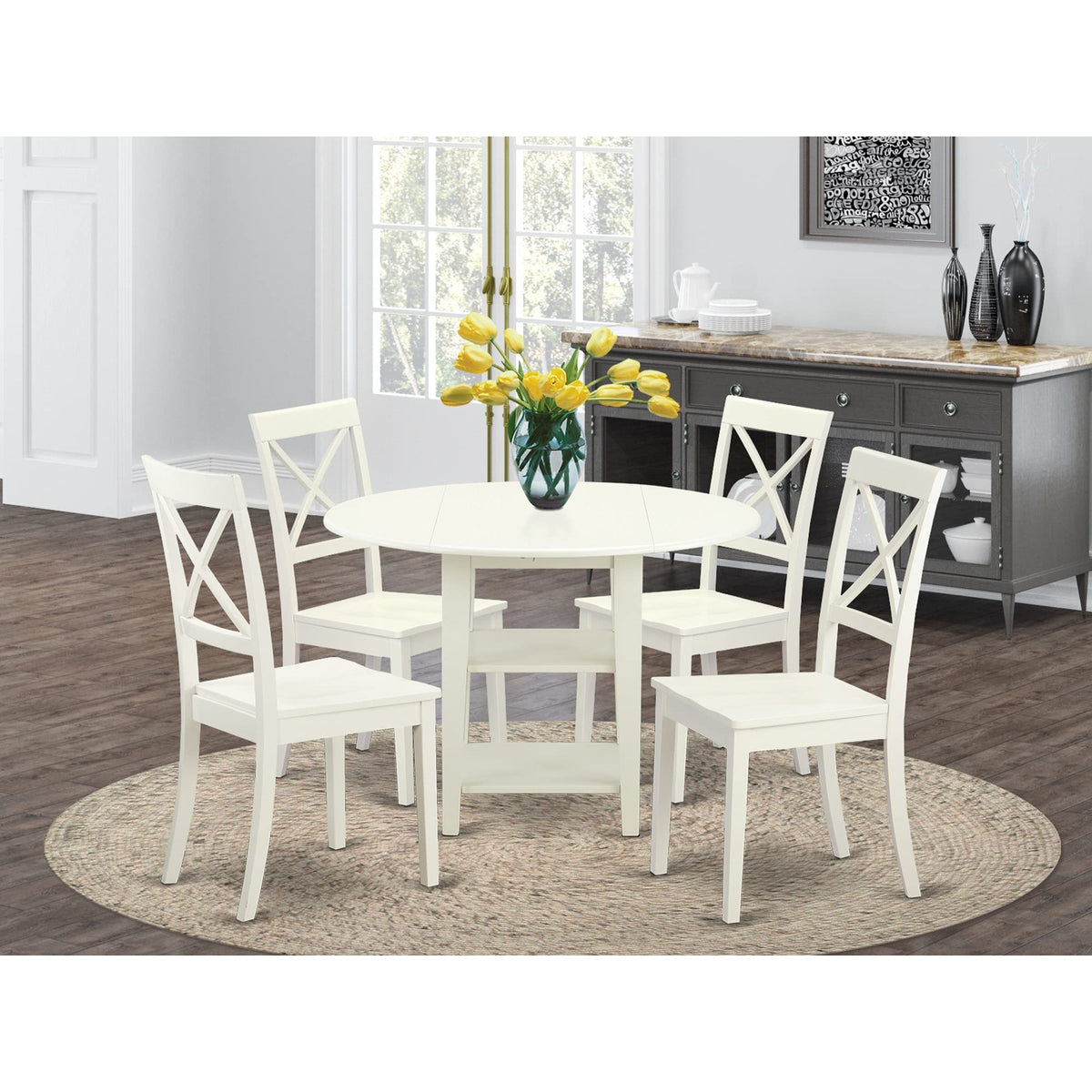 East West Furniture SUBO5-LWH-W 5 Piece Dining Set Includes a Round Dining Room Table with Dropleaf & Shelves and 4 Wood Seat Chairs, 42x42 Inch, Linen White